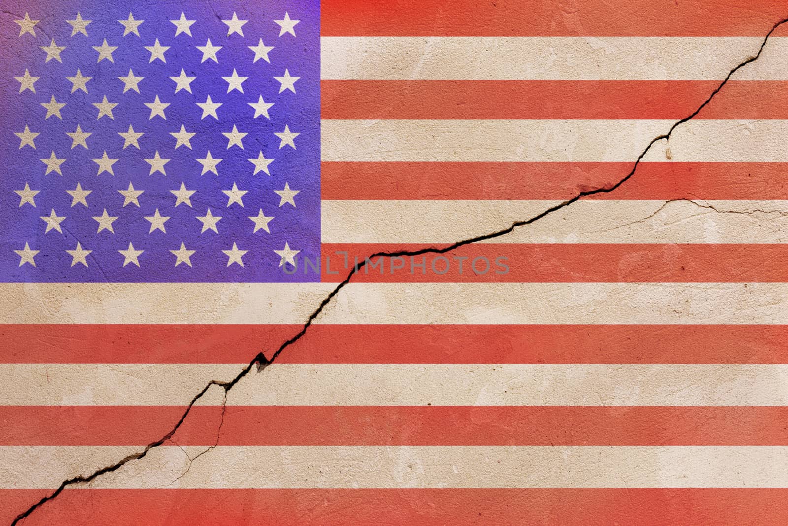 USA flag painted on cracked wall after earthquake disaster - flat texture.