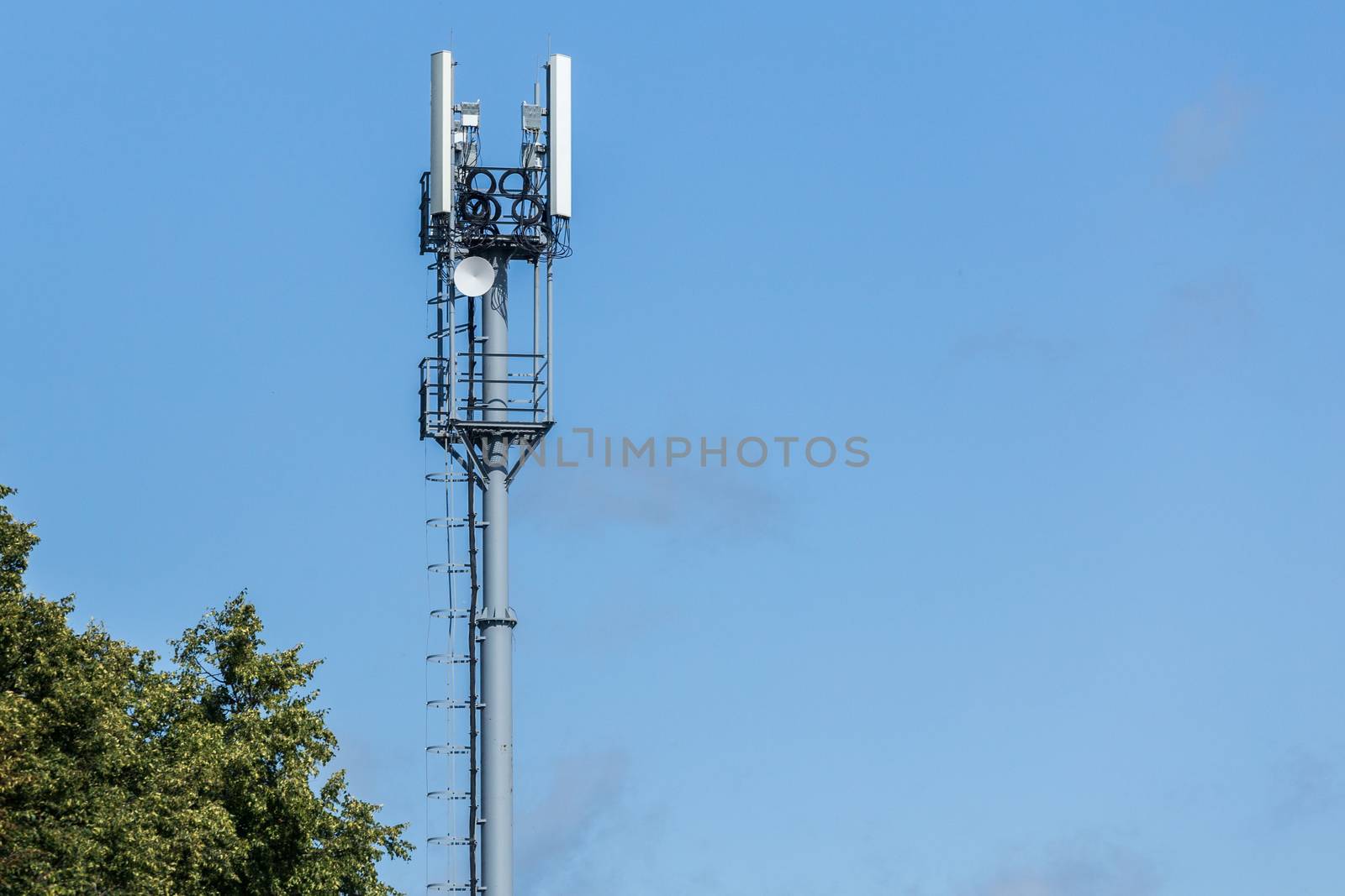 Gray pipe telecommunication tower with top of green tree on blue sky with clouds background.