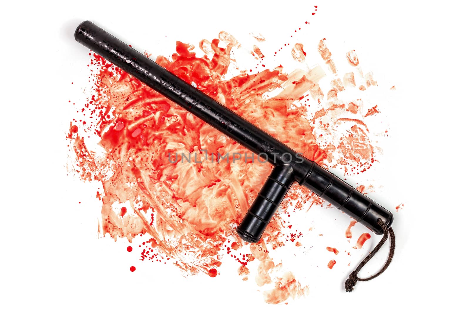 Bloody russian police rubber tonfa baton in blood spatter isolated on white background in top-down flat lay perspective. Natural human blood used.