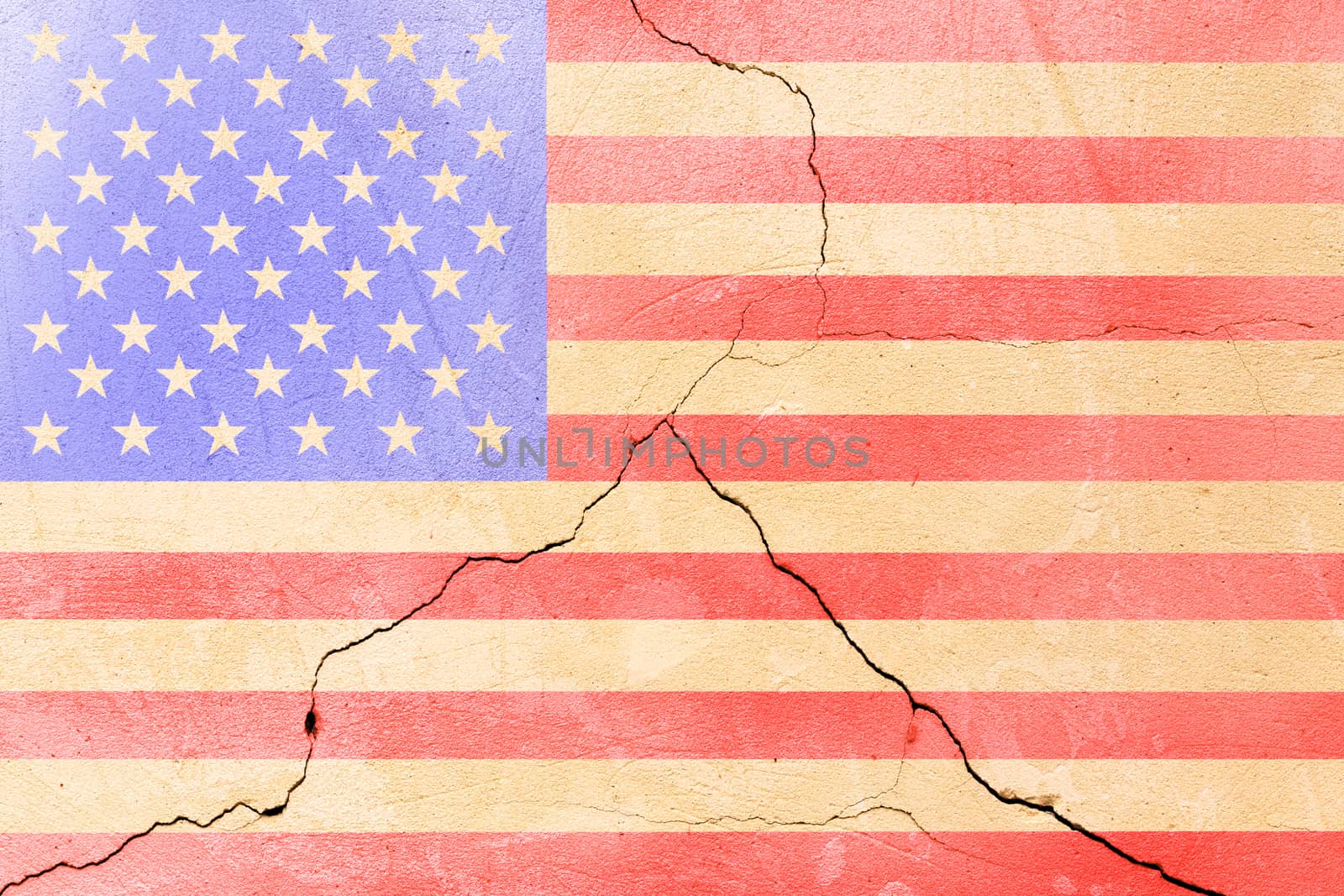 USA flag painted on cracked wall after earthquake disaster - flat texture.