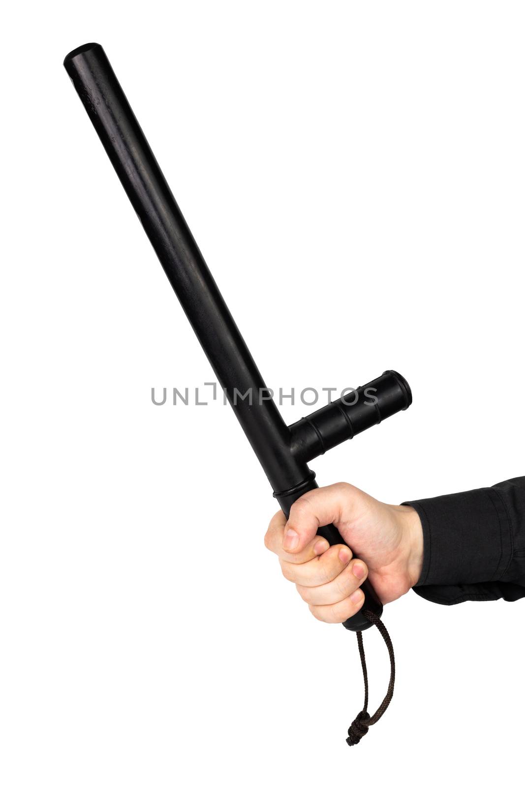 hand in black shirt with black rubber police baton isolated on white background.