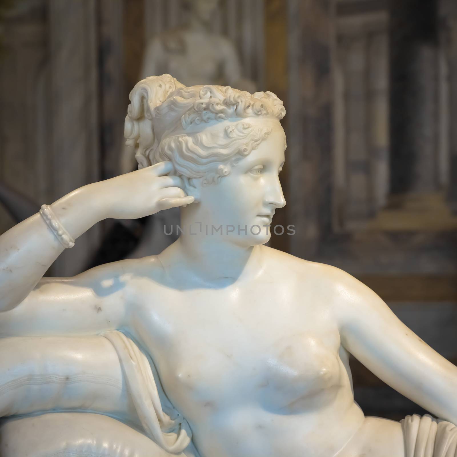 ROME, ITALY - AUGUST 24, 2018: detail of Antonio Canova's Statue of Pauline Bonaparte, his masterpiece located in Villa Borghese