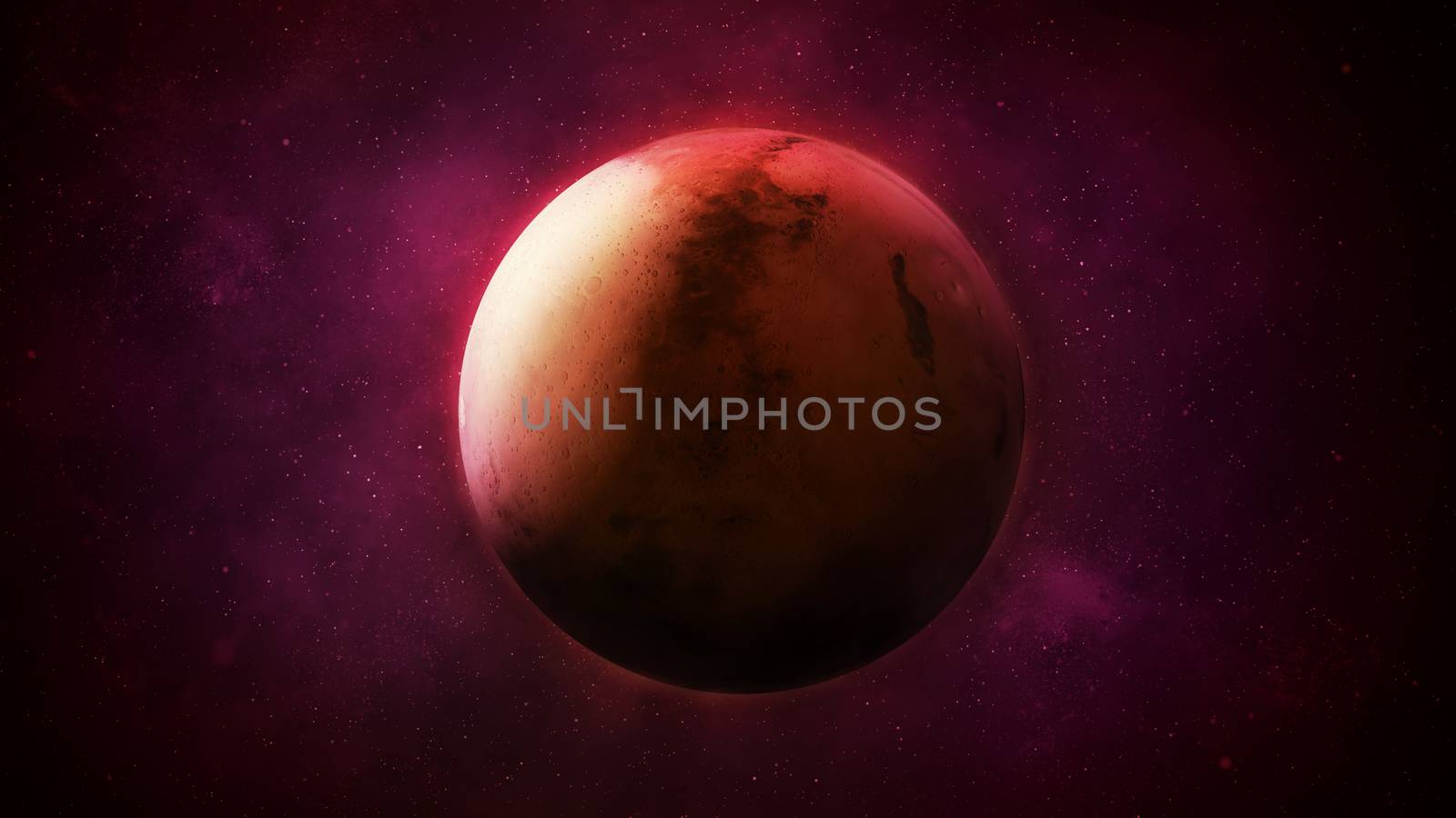 Red planet Mars with stars and space nebulae in the background.