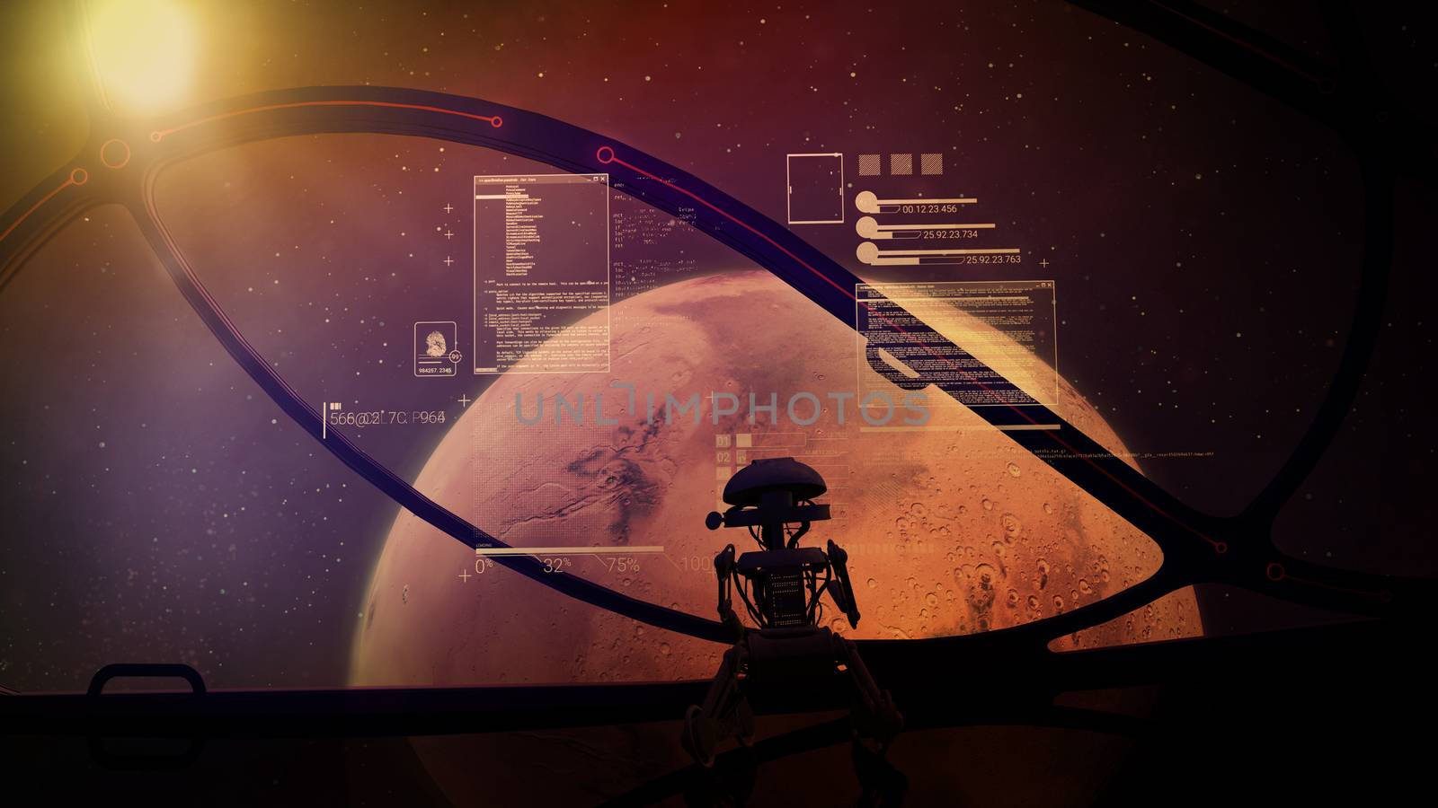 The silhouette of the droid stands at the panoramic window of a spaceship flying up to Mars.