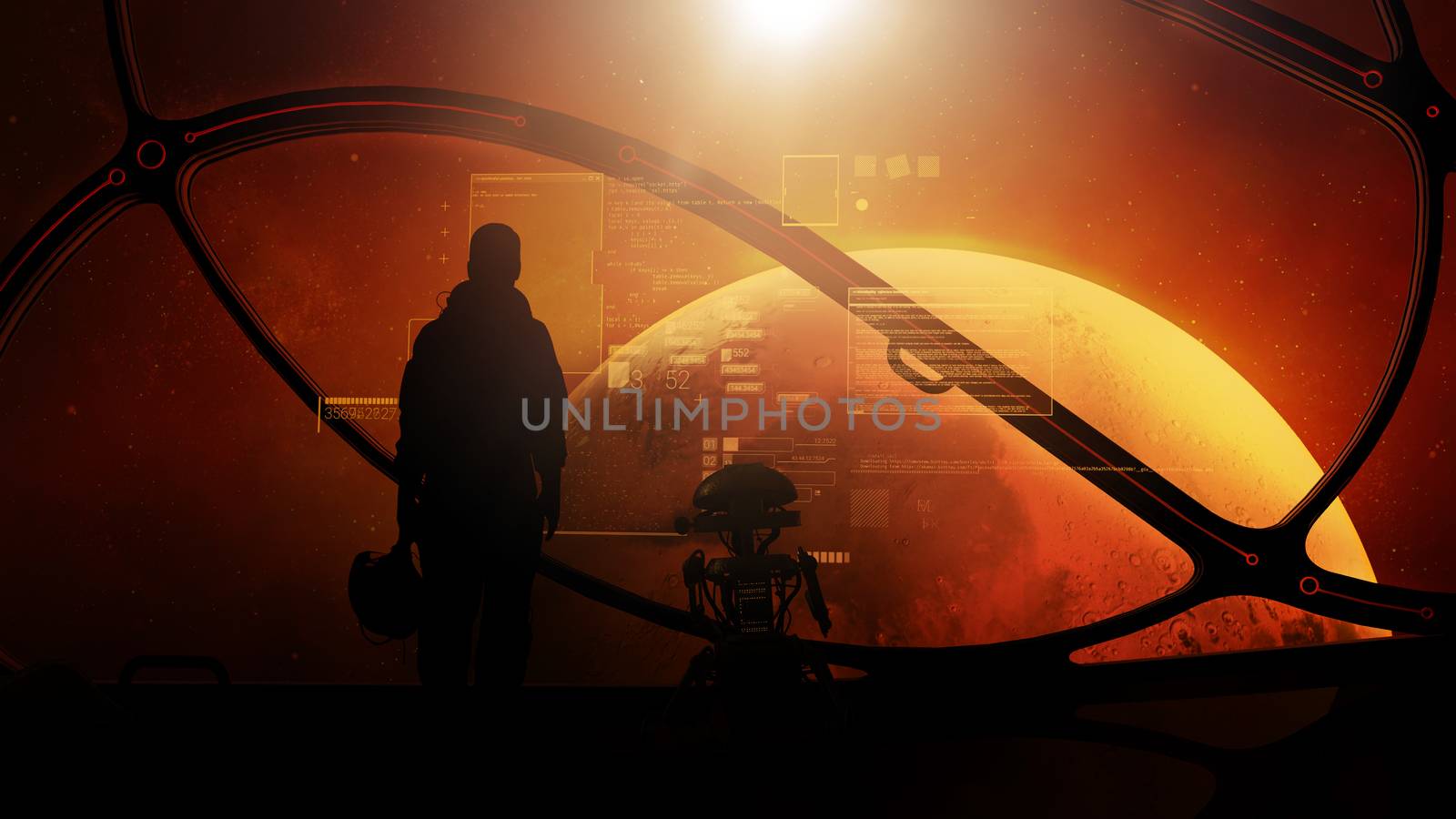 Silhouettes of an astronaut and a droid in front of virtual data at the porthole of a fantastic spacecraft flying to Mars.