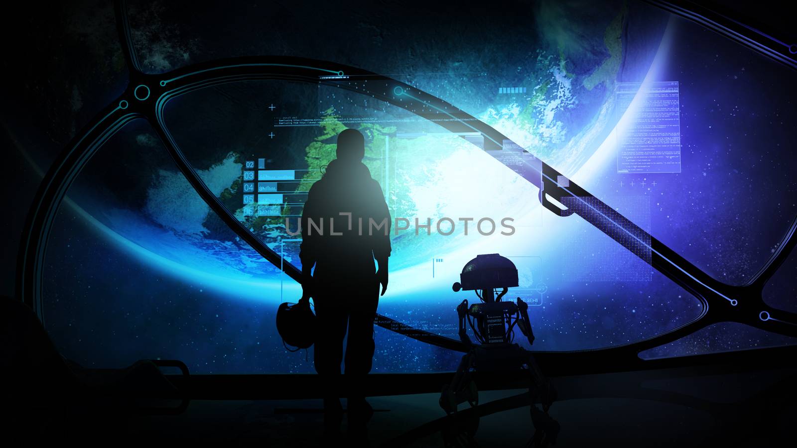 Astronaut with droid at the porthole of a ship in orbit of the earth. by ConceptCafe