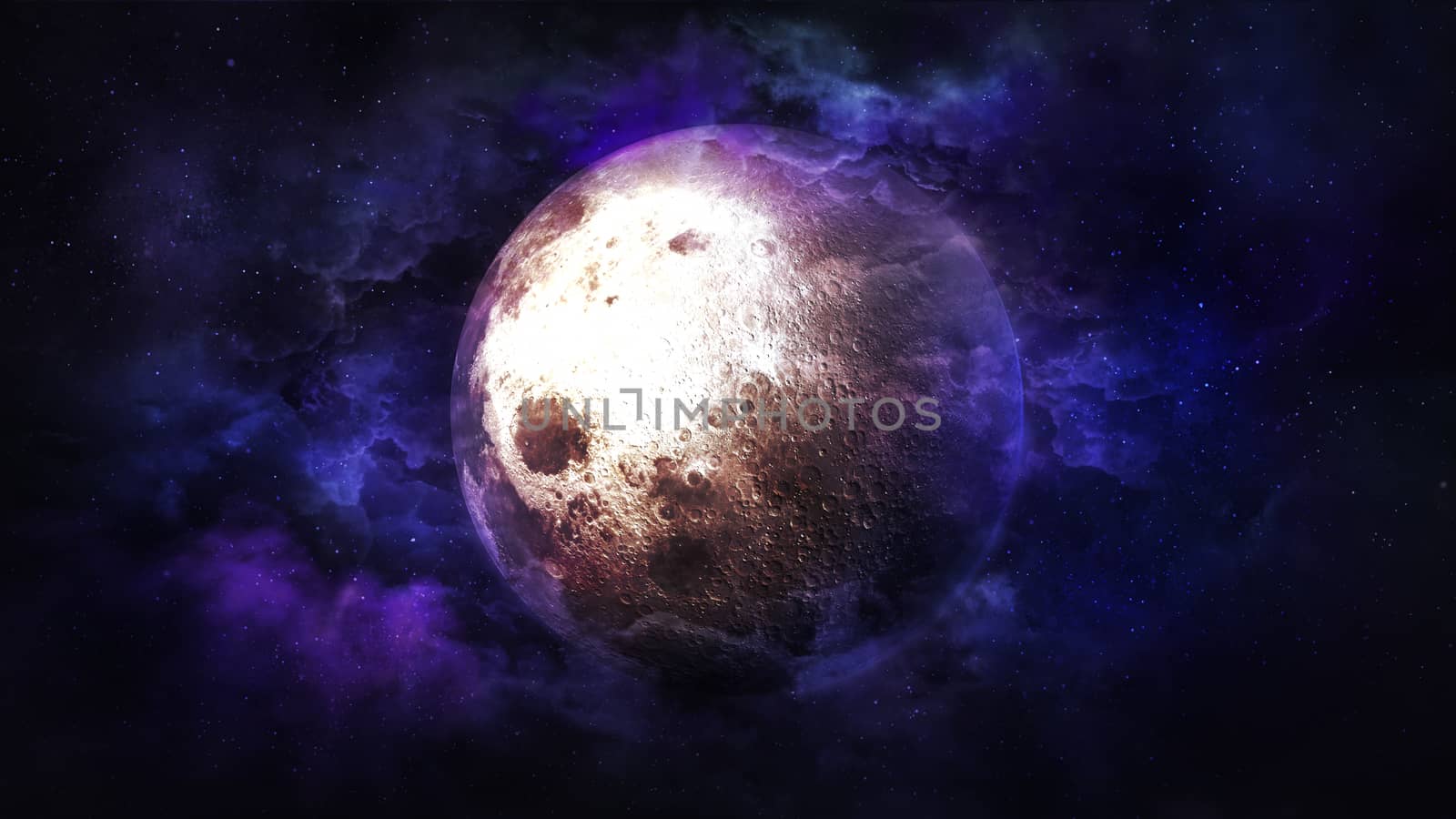 Fantastic moon against a background of colorful outer space.