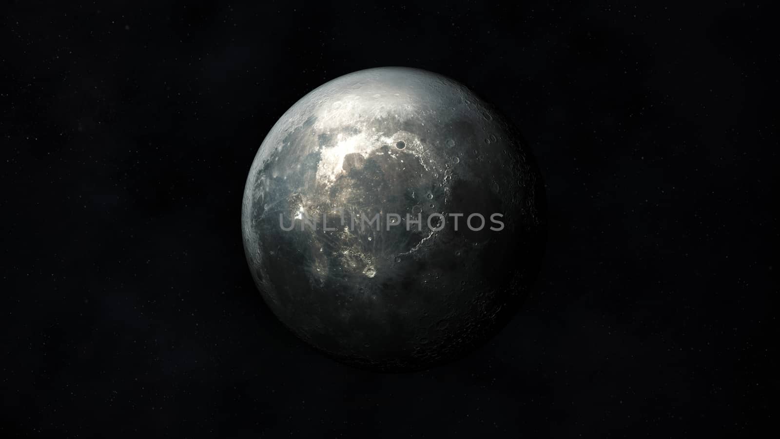 View of the realistic moon in dark gray colors against the background of outer space.