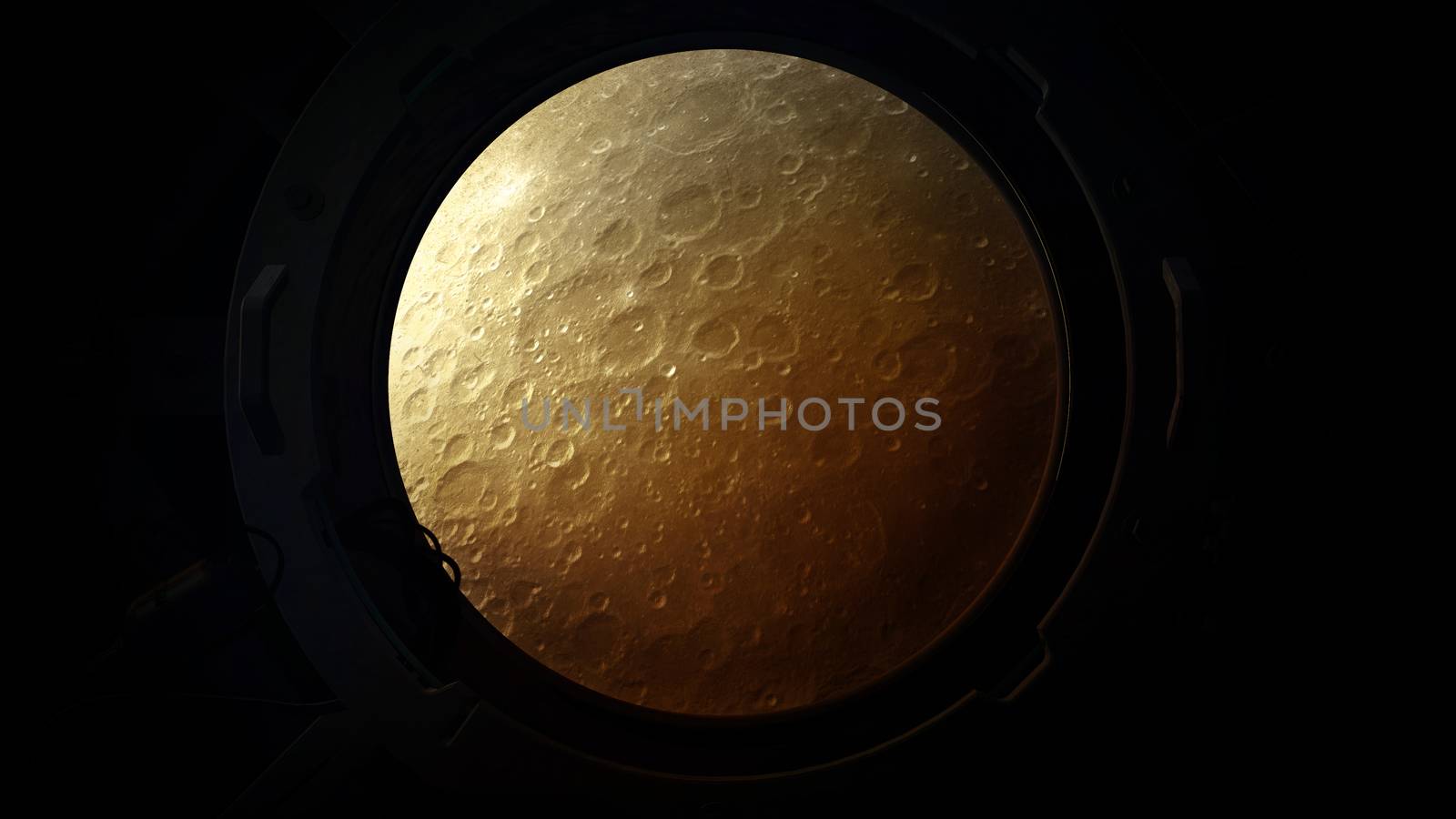 The yellow moon is visible from the porthole of a spaceship approaching it.