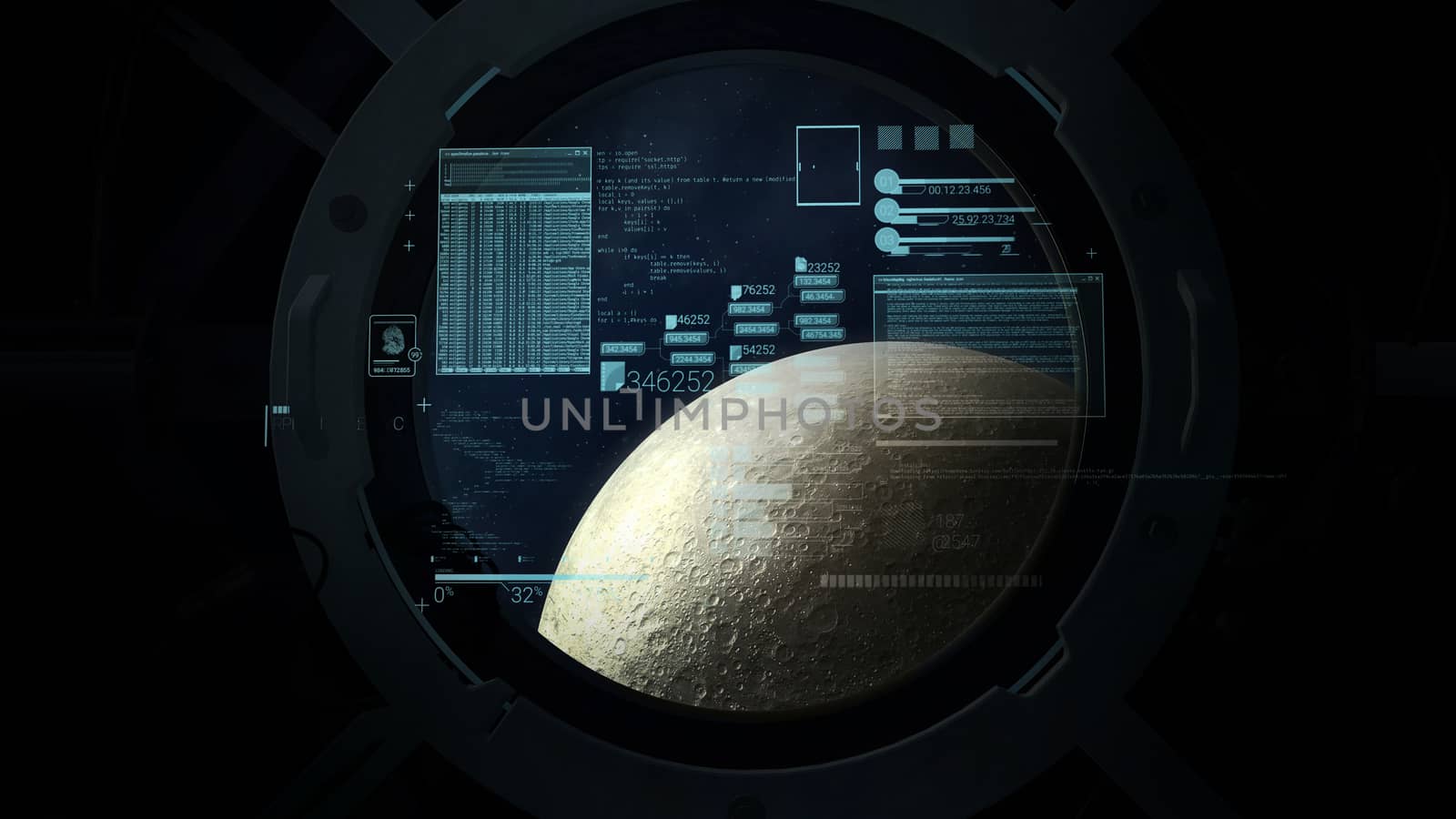 Against the background of the moon in the window, infographics of spacecraft flight calculations.