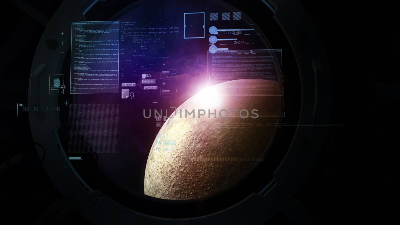 Against the background of the moon in the window, infographics of spacecraft flight calculations.