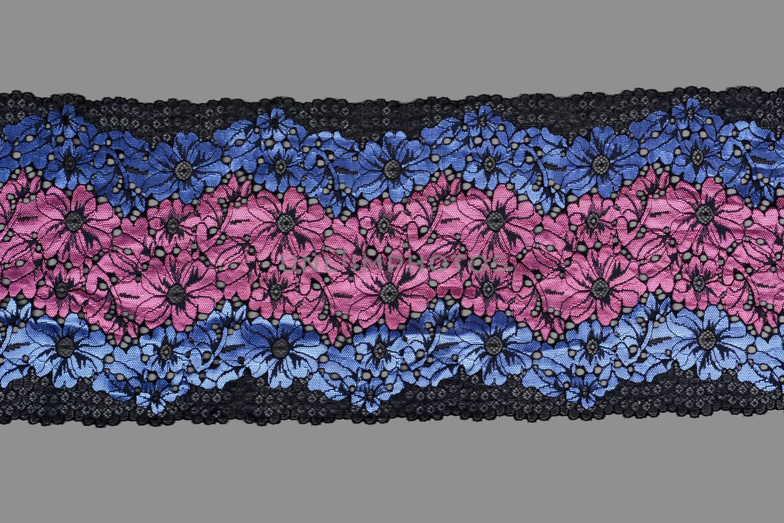 blue pink black color straight strip of lace fabric on gray background. Elastic silk nylon braid border. use clothes linen decoration. repeating pattern and interweaving threads. texture for websites
