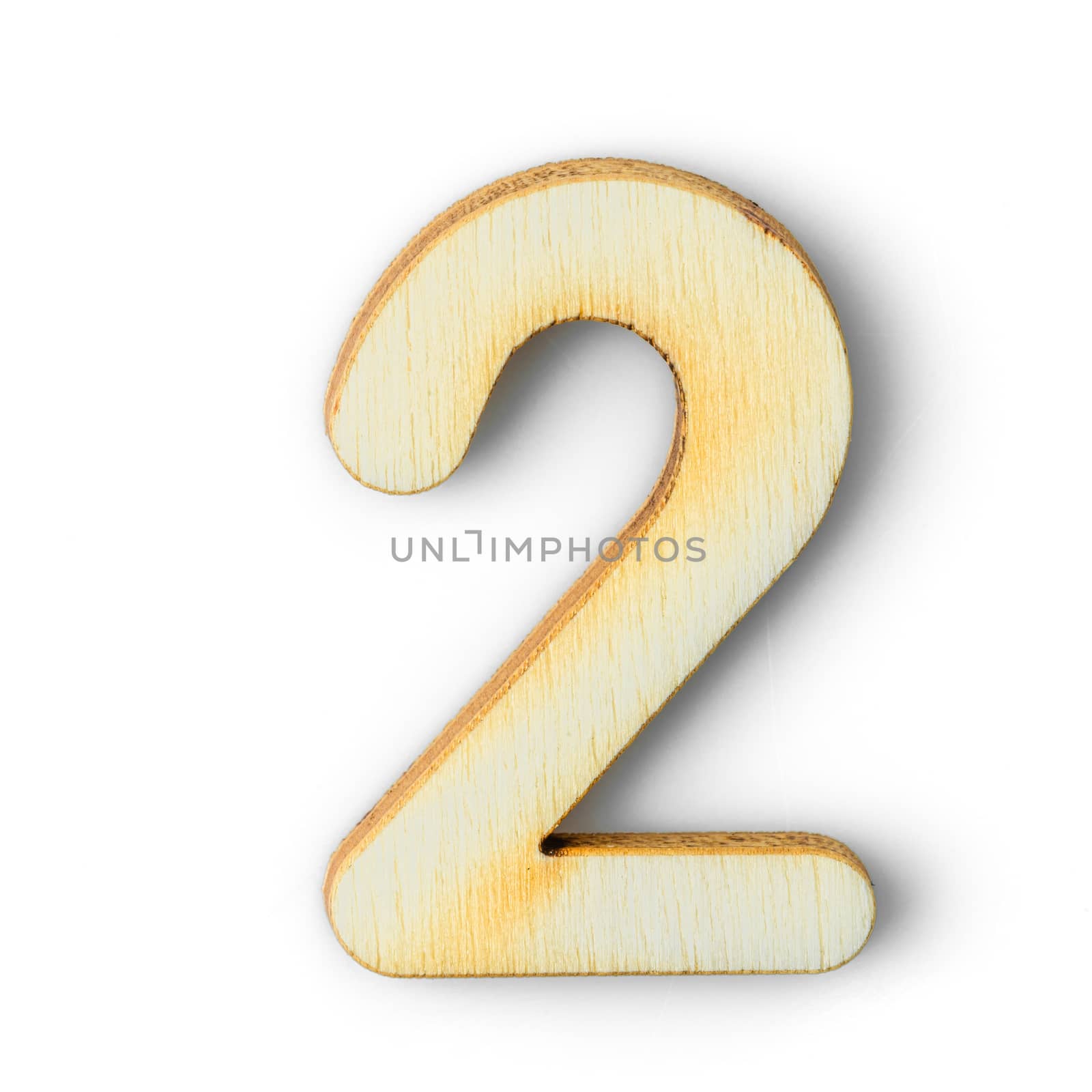 Wooden numeric 2 with drop shadow on white background