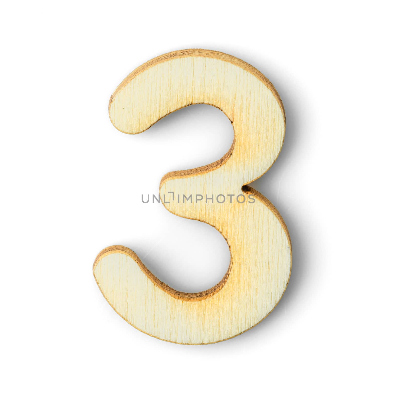 Wooden numeric 3  with drop shadow on white background