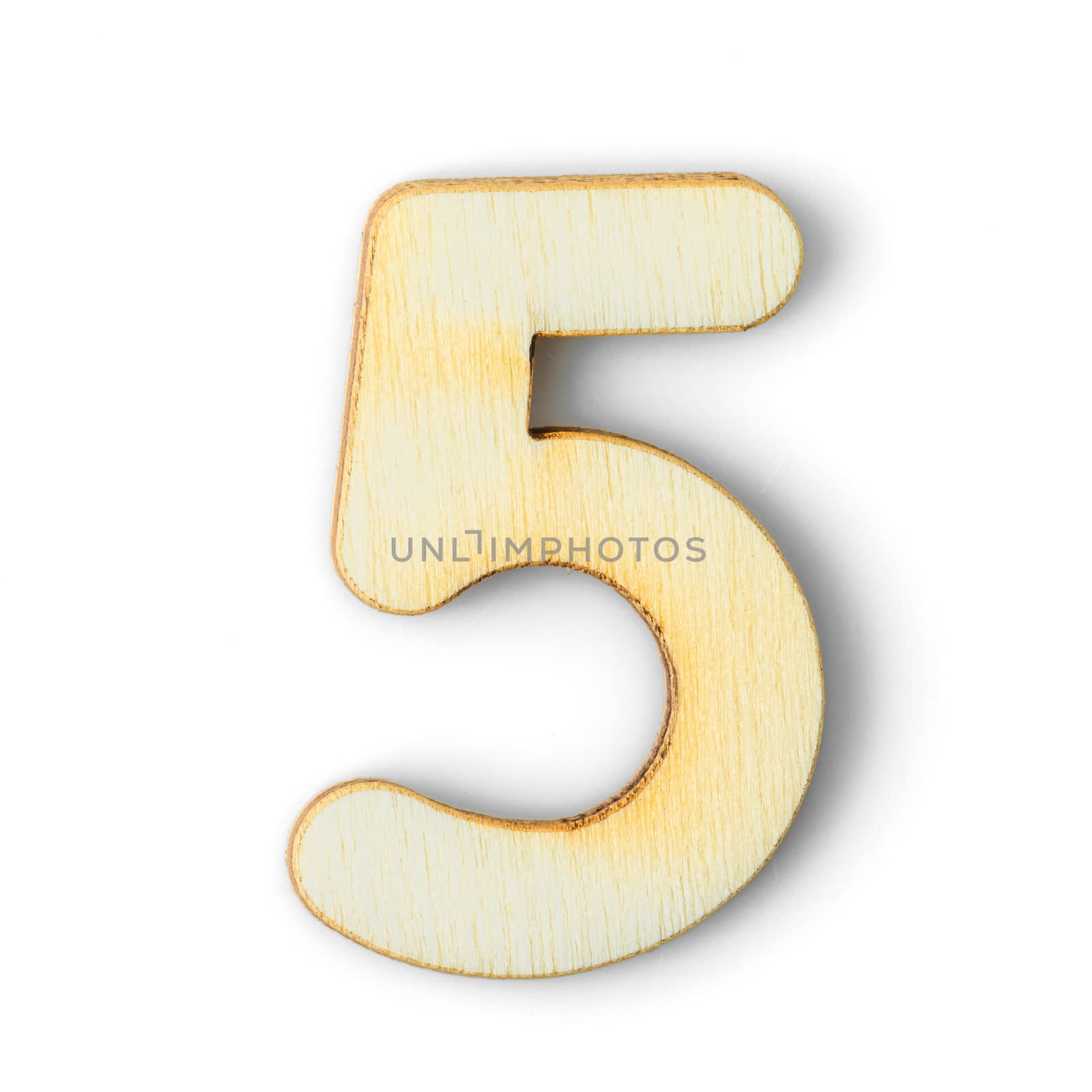 Wooden numeric 5 with drop shadow on white background