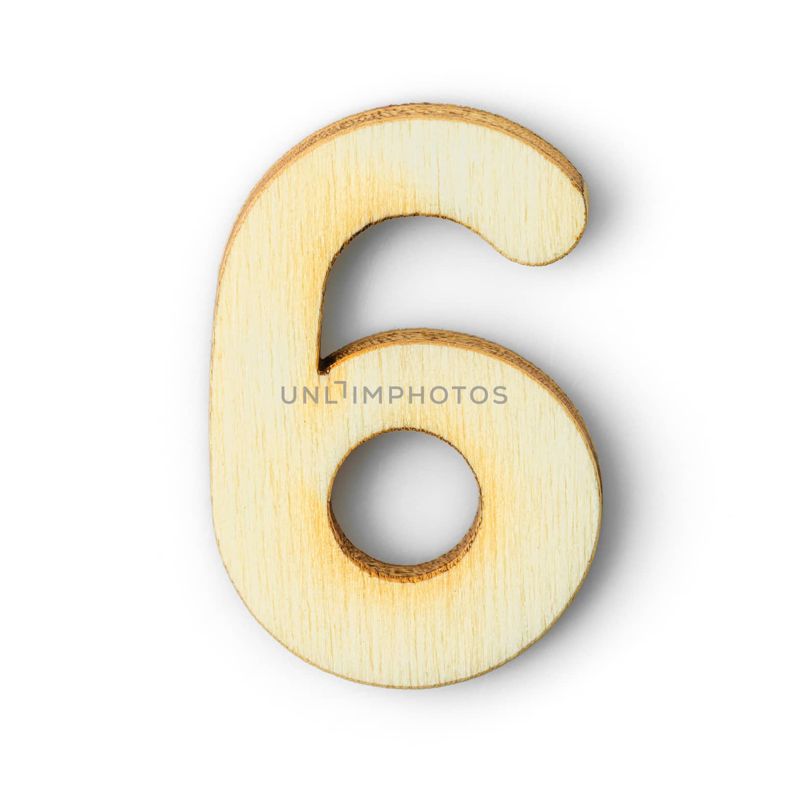 Wooden numeric 6 with drop shadow on white background