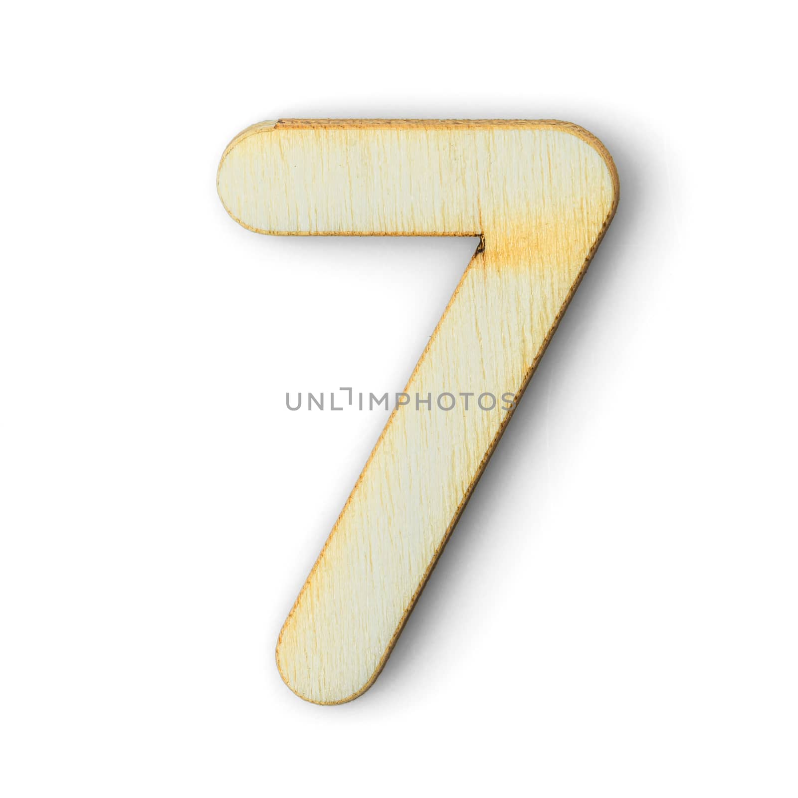 Wooden numeric 7 with drop shadow on white background