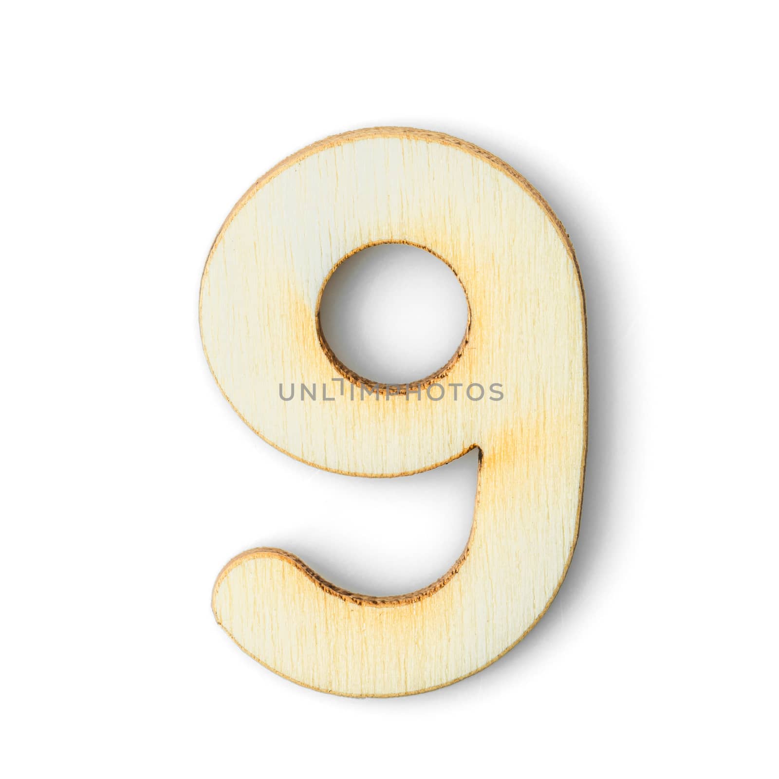 Wooden numeric 9 with  shadow on white  by stoonn