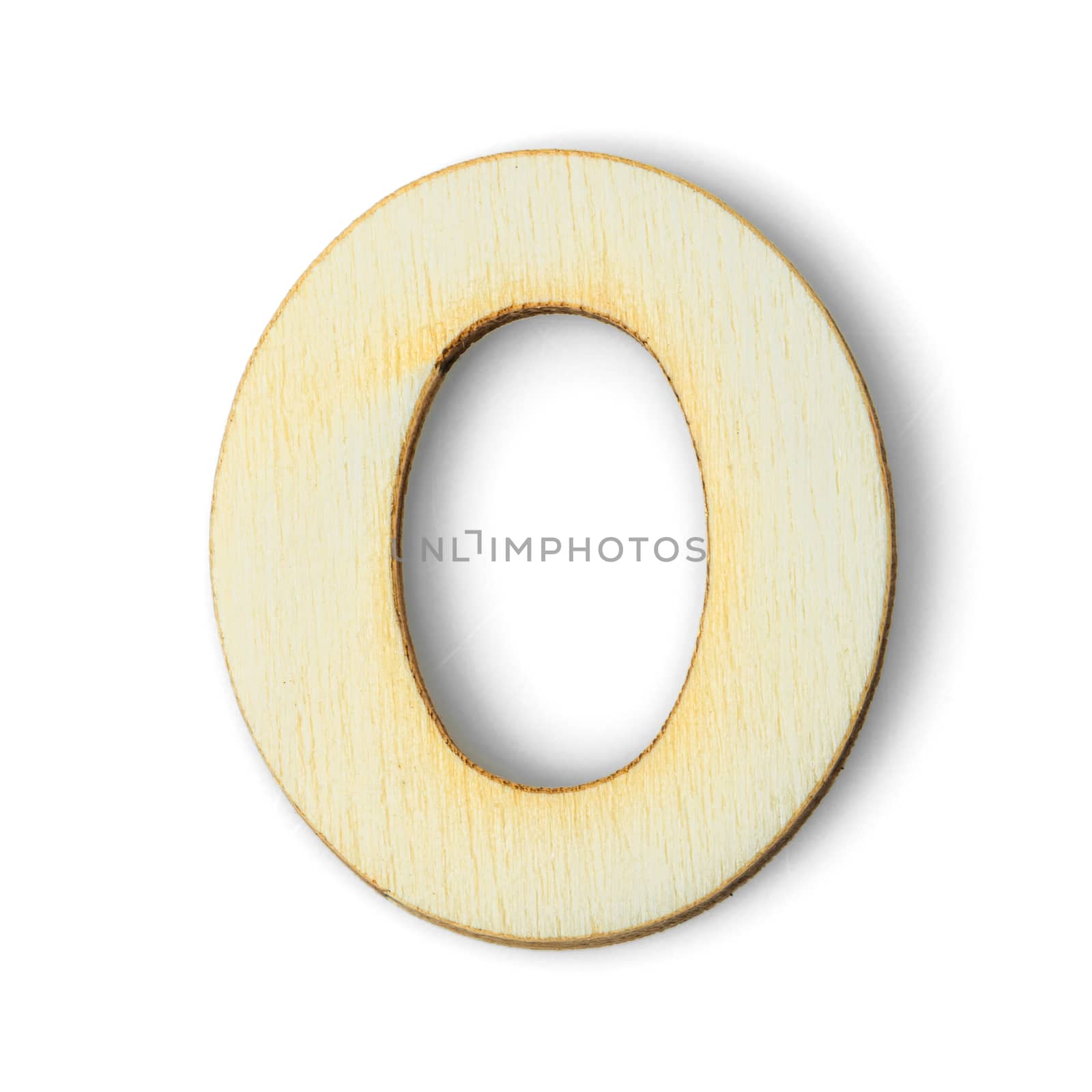 Wooden numeric 0 with drop shadow on white background