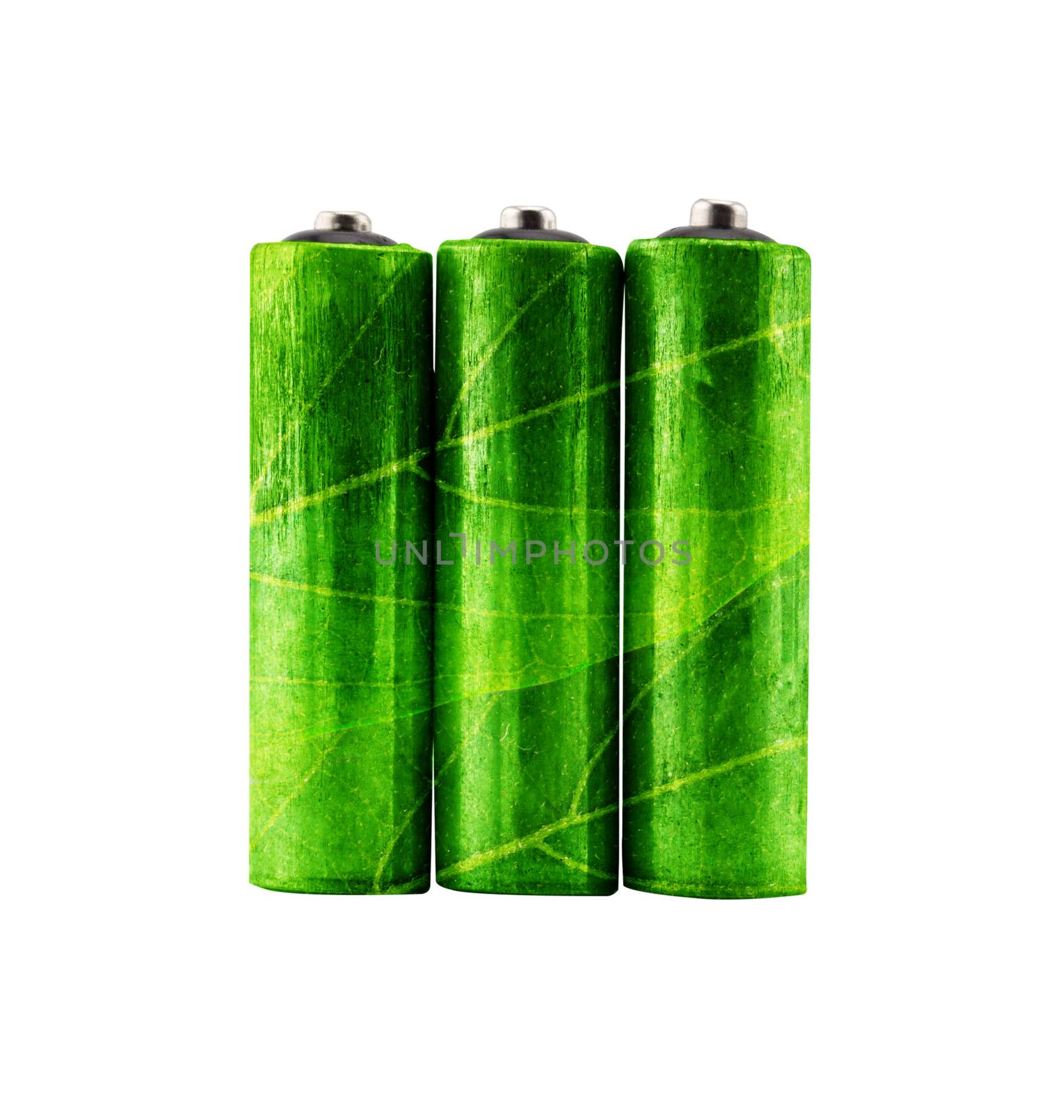 green rechargeable aa alkaline battery with leaves shape- using environment friendly product concept.
