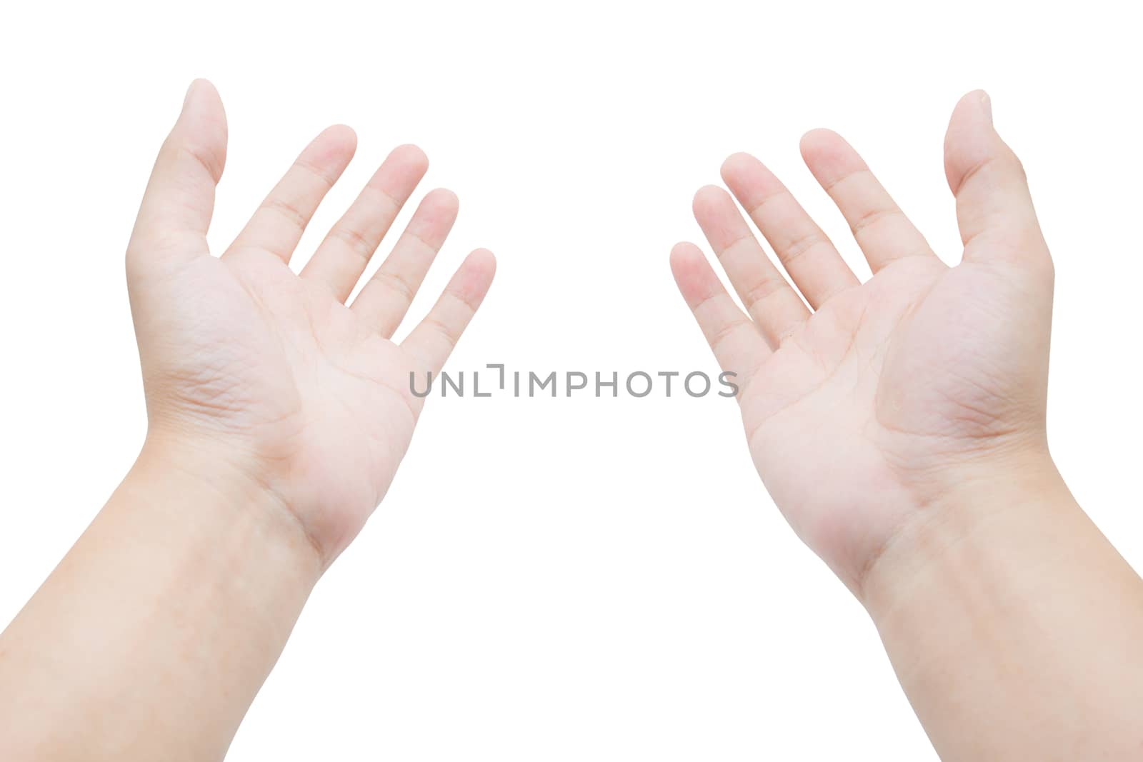 Young man hand gesture isolated on white background.