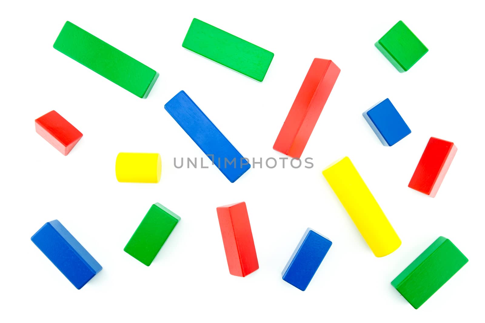 toy top view of colorful block wood isolated on white background, education concept.