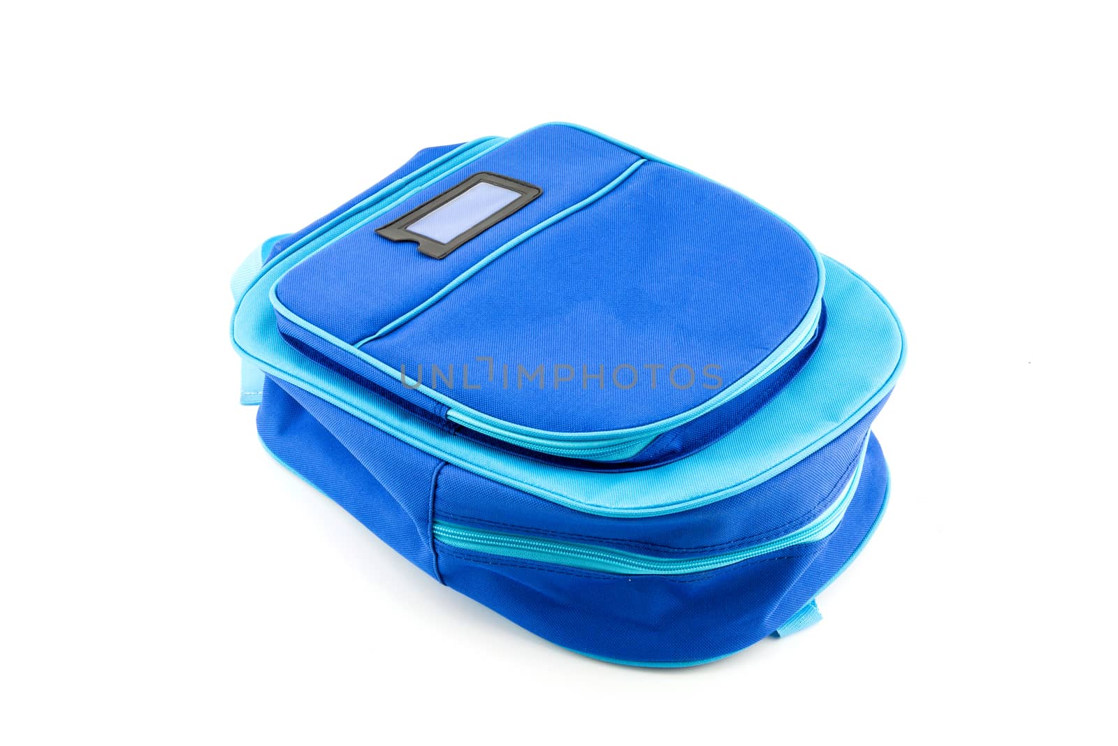 Blue backpack with school supplies isolated on white background, Stationery concept.