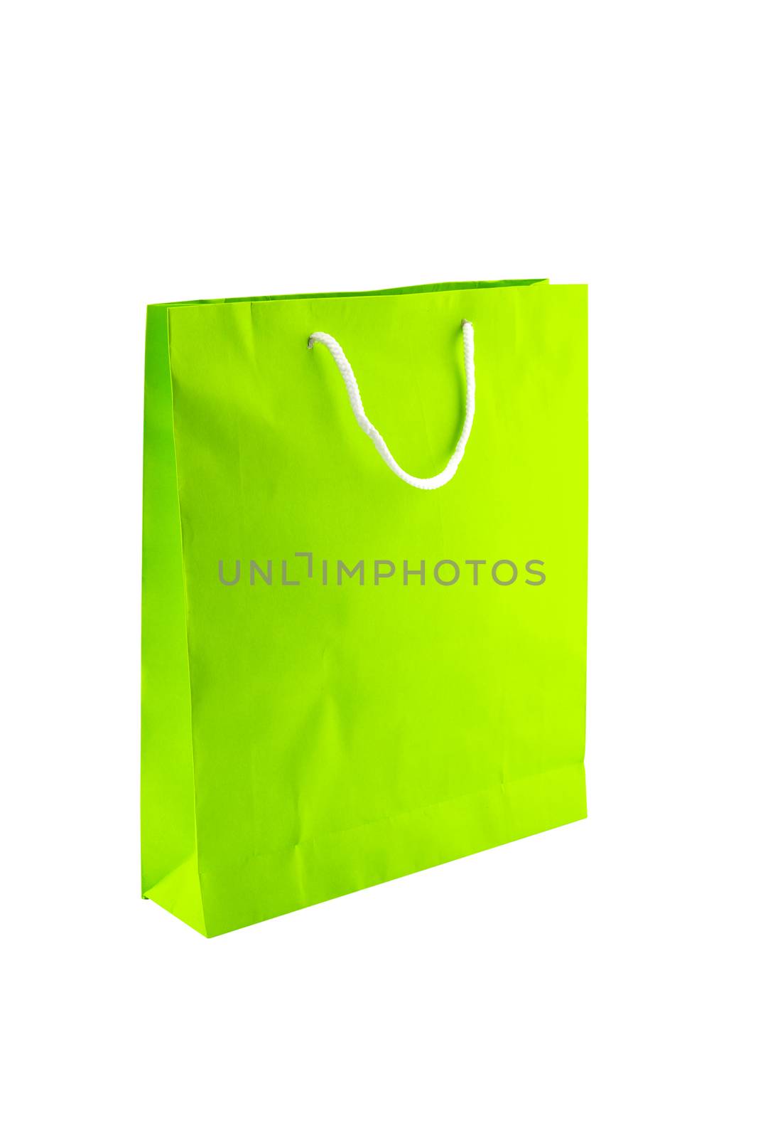 Green paper shopping bags isolated on white background.