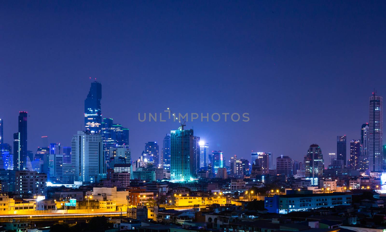 City at night scene of downtown in Bangkok Thailand. Landscape concept.