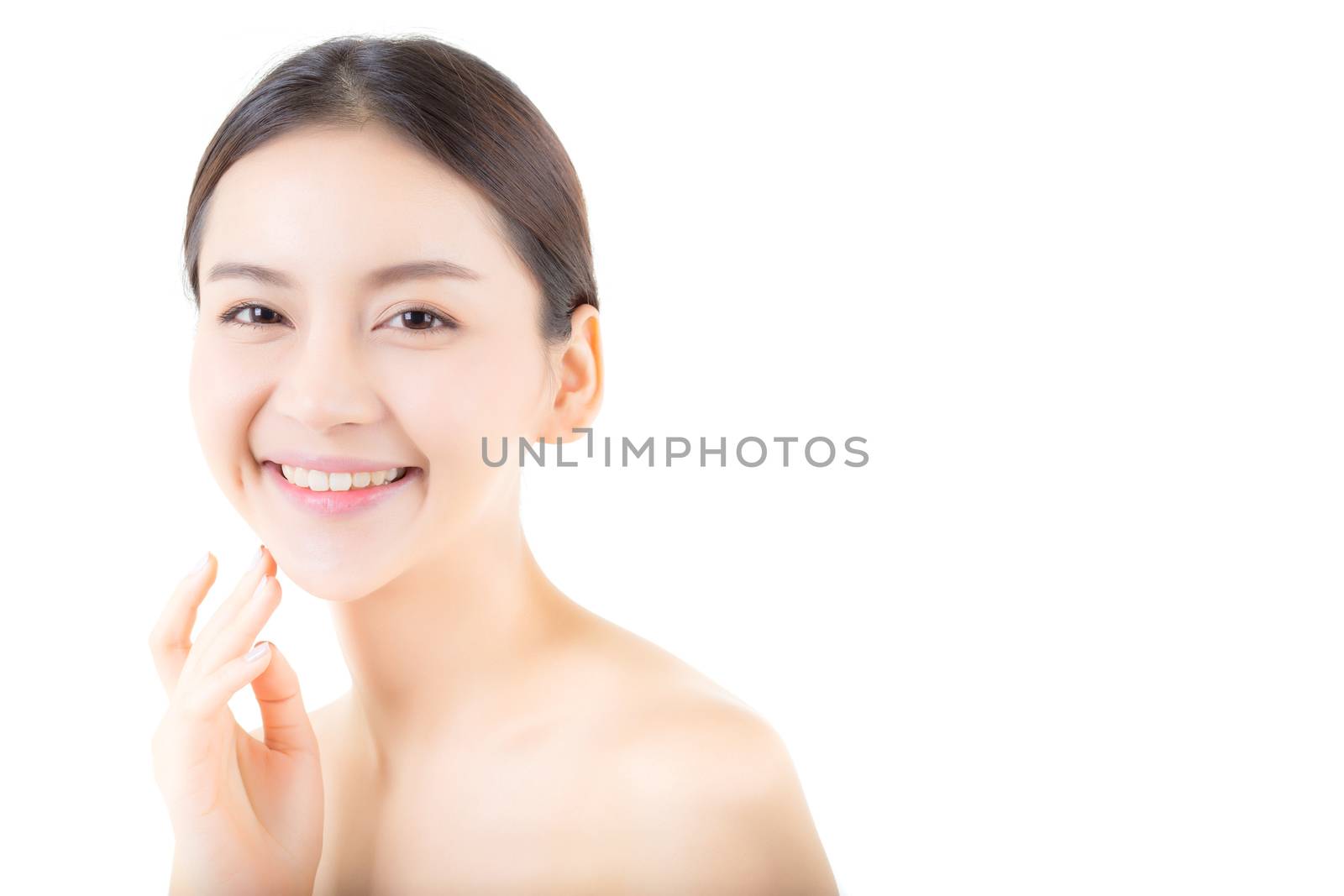 Beautiful girl with makeup, woman and skin care concept / attractive asia girl smilling on face isolated on white background.