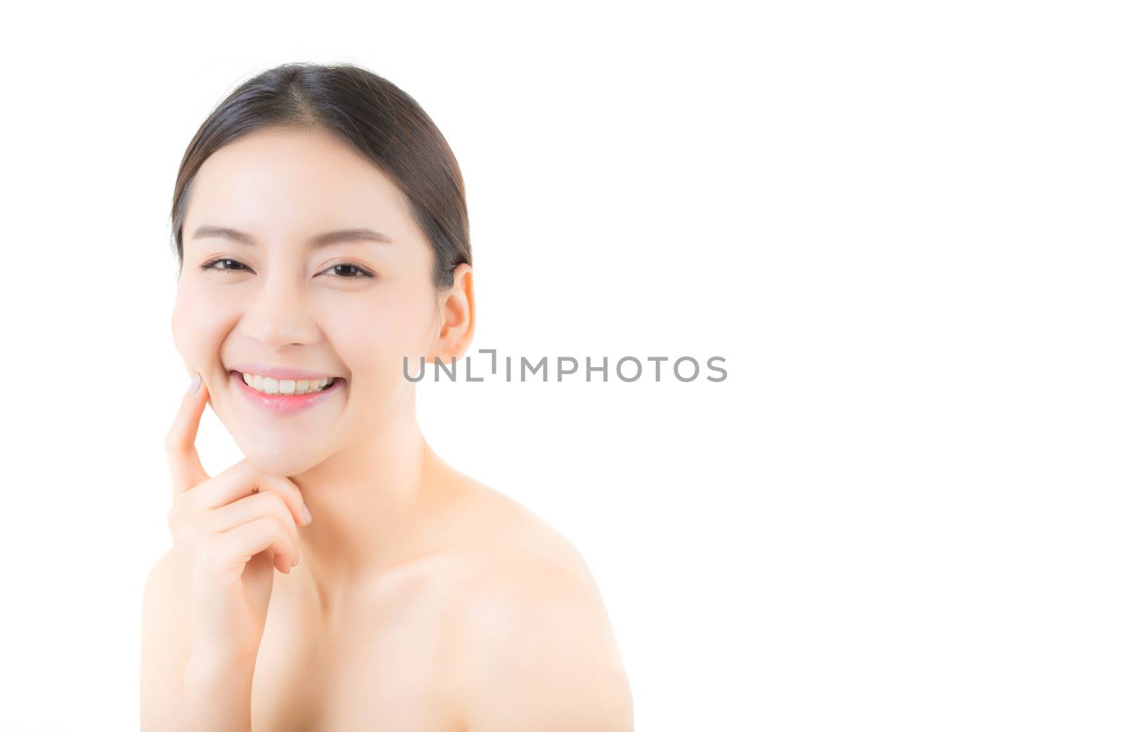 Beautiful girl with makeup, woman and skin care cosmetics concept / attractive asia girl smilling on face isolated on white background.