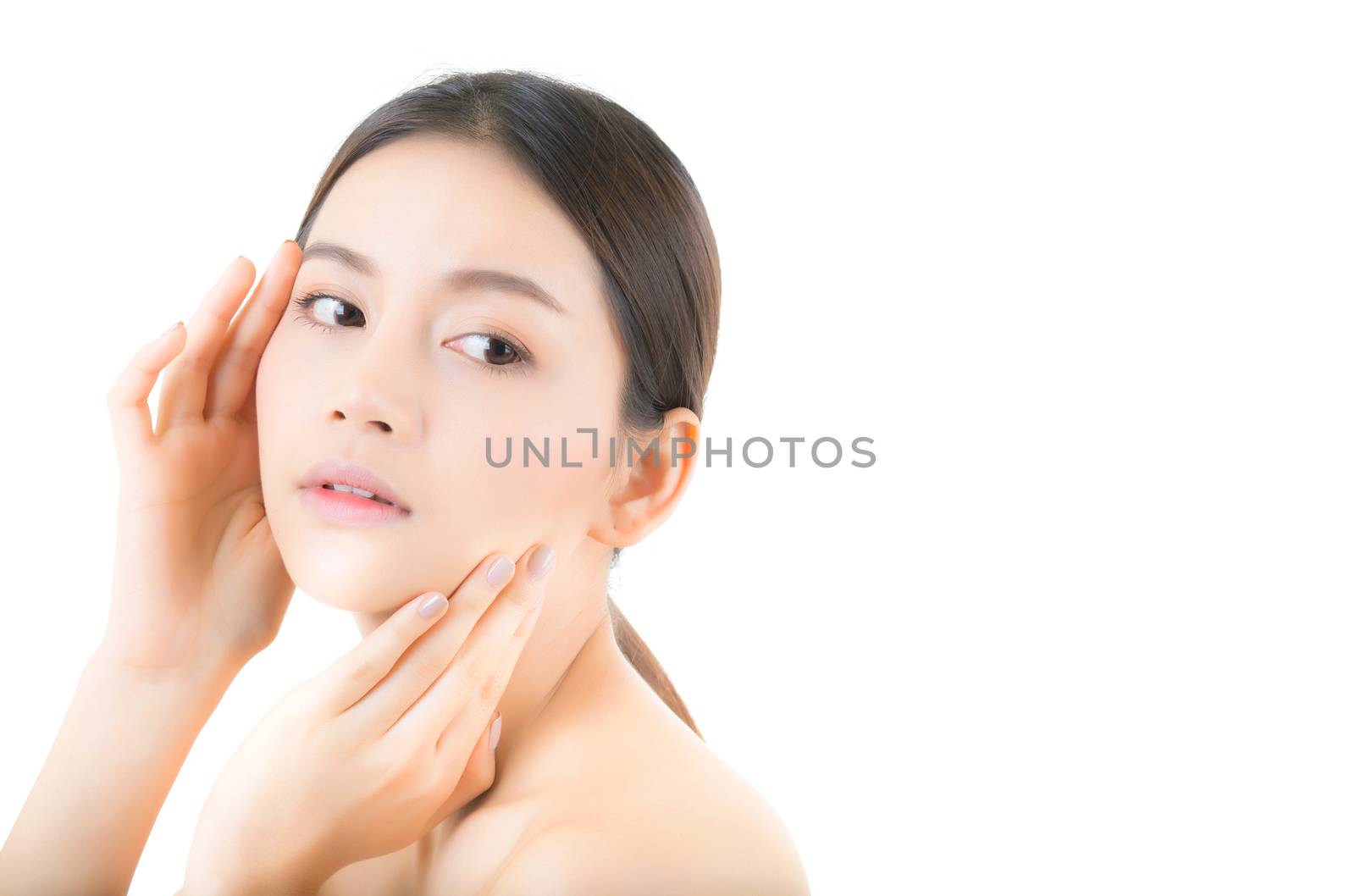 Beautiful girl with makeup, woman and skin care concept / attractive asia girl smilling on face isolated on white background.