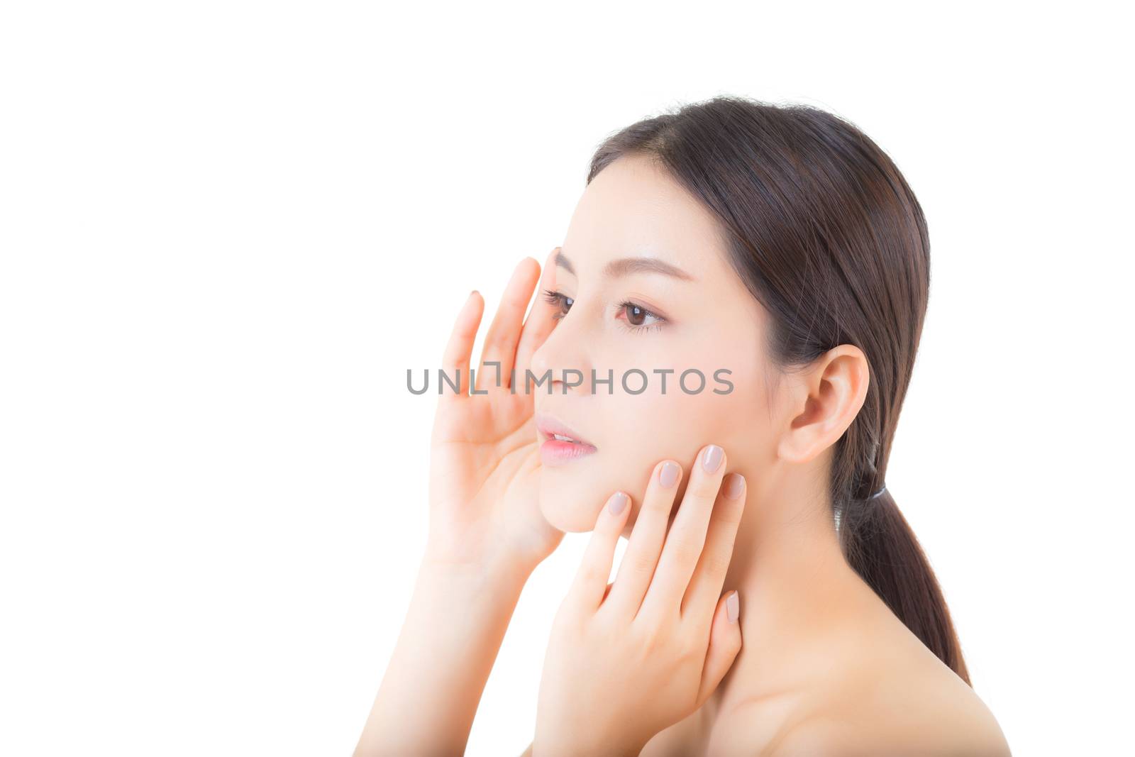 Beautiful girl with makeup, woman and skin care cosmetics concept / attractive asia girl smilling on face isolated on white background.