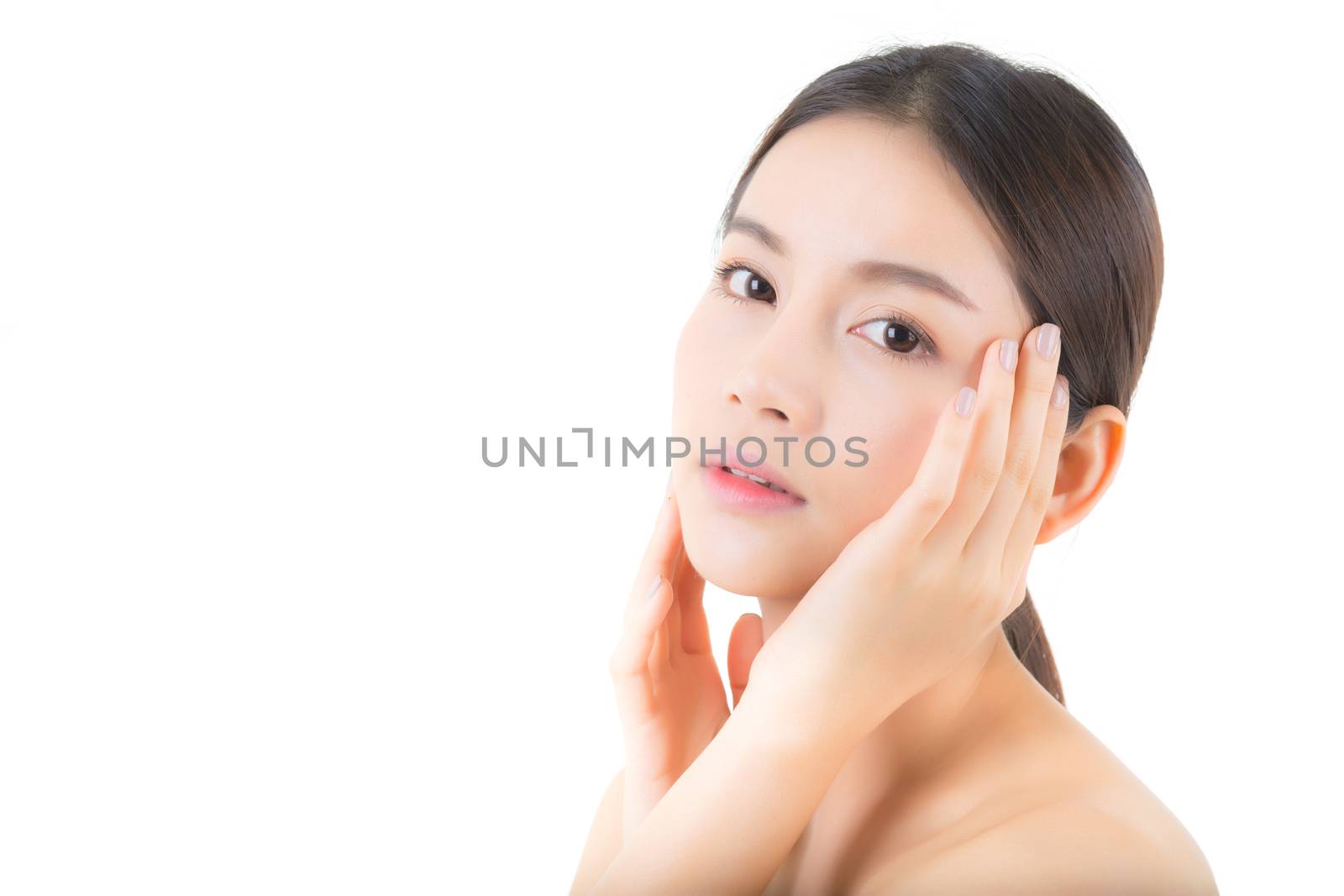 Beautiful girl with makeup, woman and skin care cosmetics concept / attractive asia girl smilling on face isolated on white background.