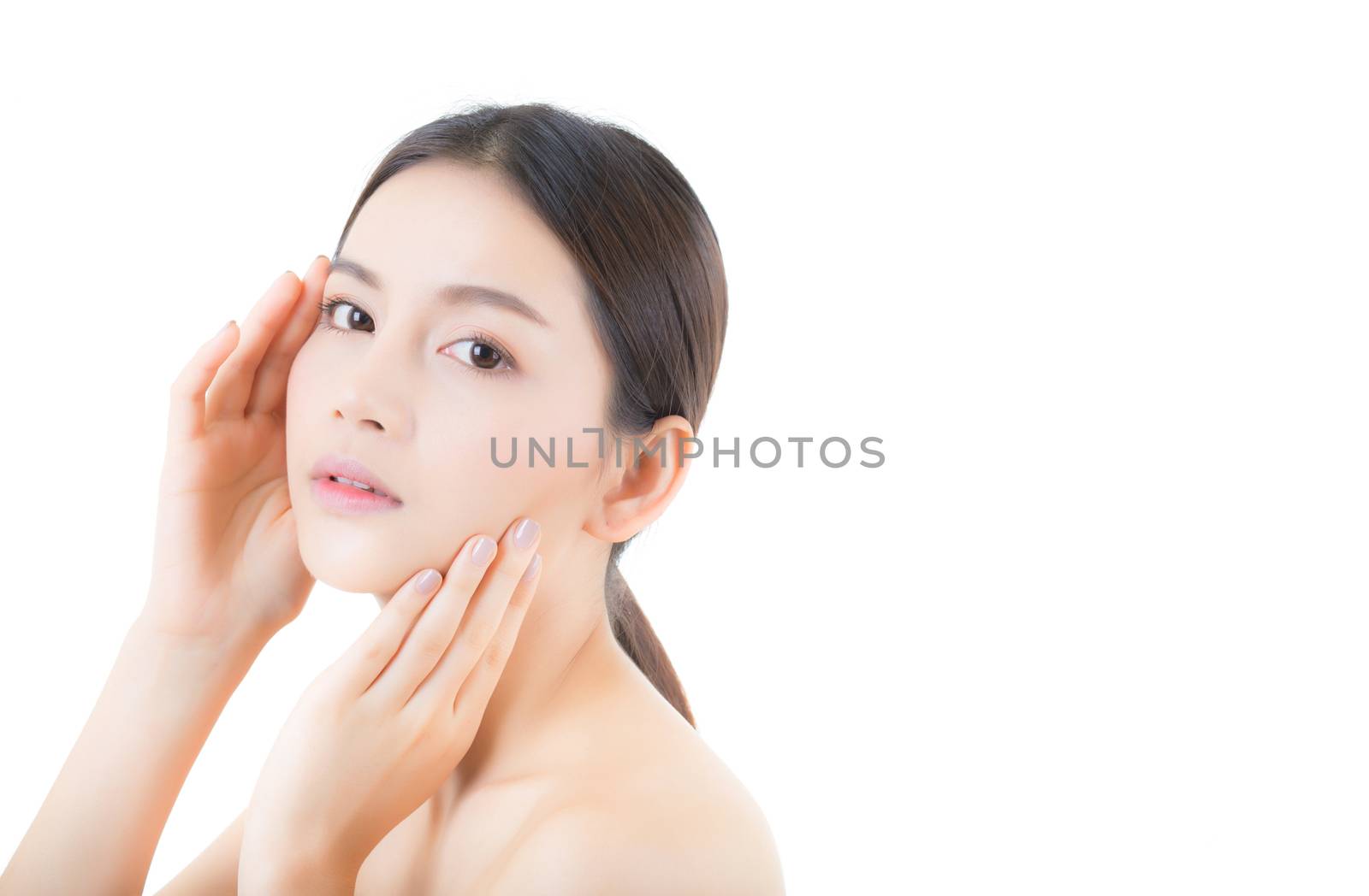 Beautiful girl with makeup, woman and skin care cosmetics concept / attractive asian girl smilling on face isolated on white background.