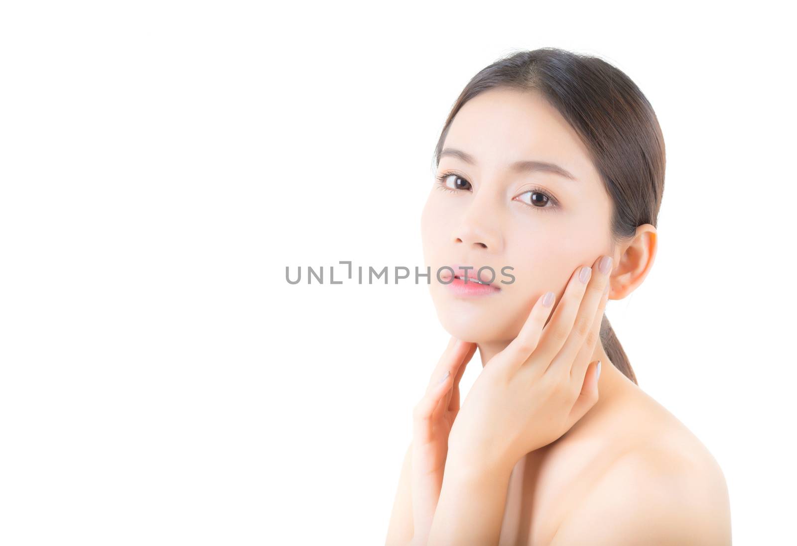 Beautiful girl with makeup, woman and skin care cosmetics concept / attractive asian girl smilling on face isolated on white background.