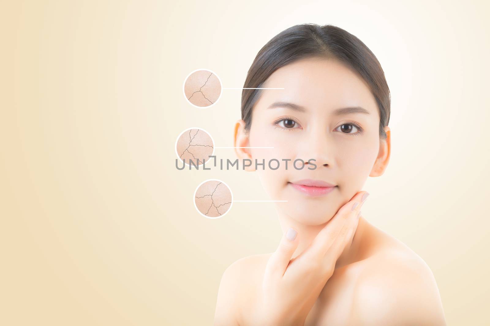 skincare and health and cosmetics concept - beautiful asian young woman face with wrinkles over circles for advertising.