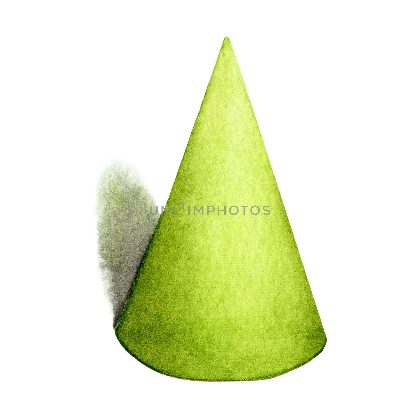 Green cone, basic geometric shapes with dramatic light and shadow in watercolor style. Solids isolated on a white background. Clipping path. by Ungamrung
