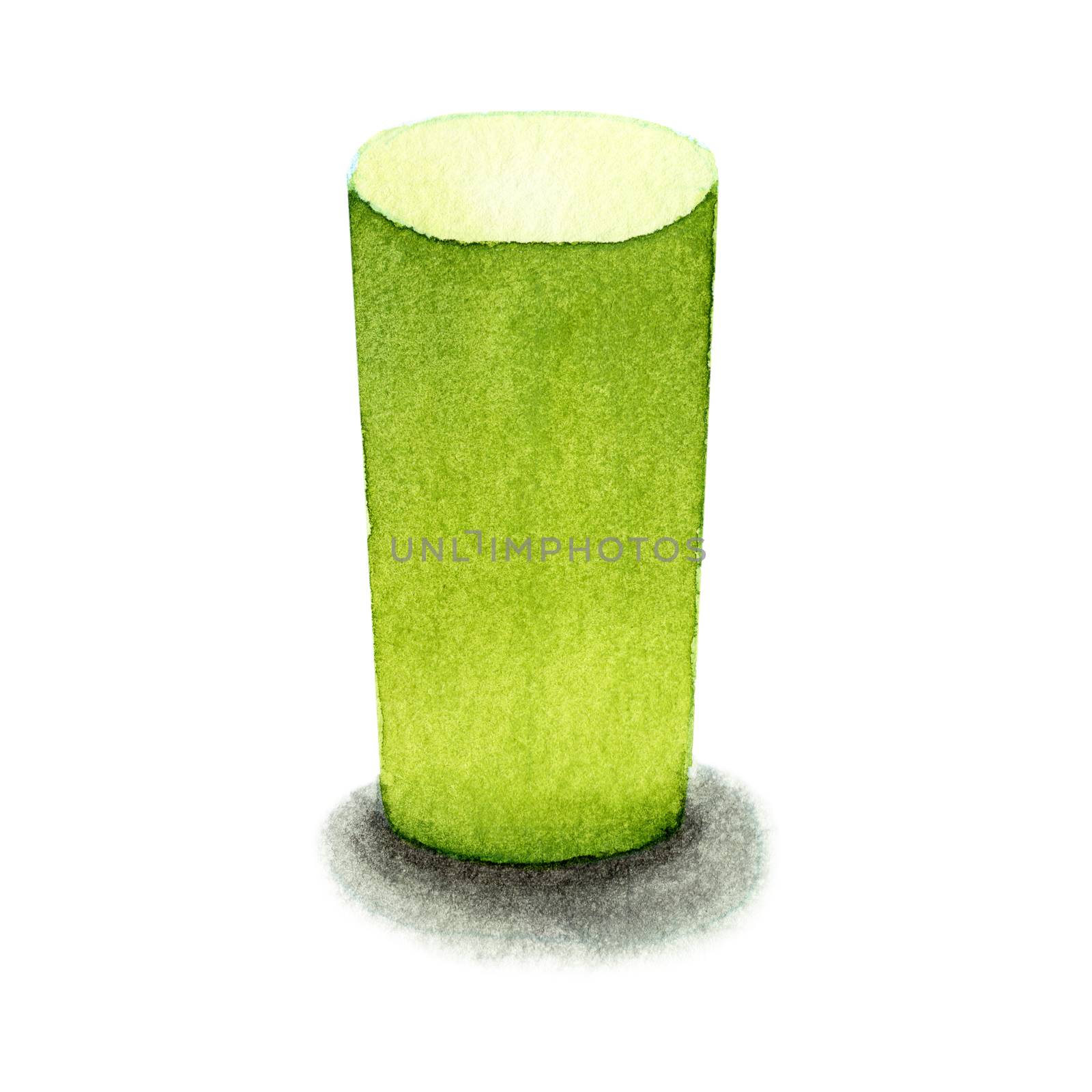 Green cylindrical , basic geometric shapes with dramatic light and shadow in watercolor style. Solids isolated on a white background. Clipping path.