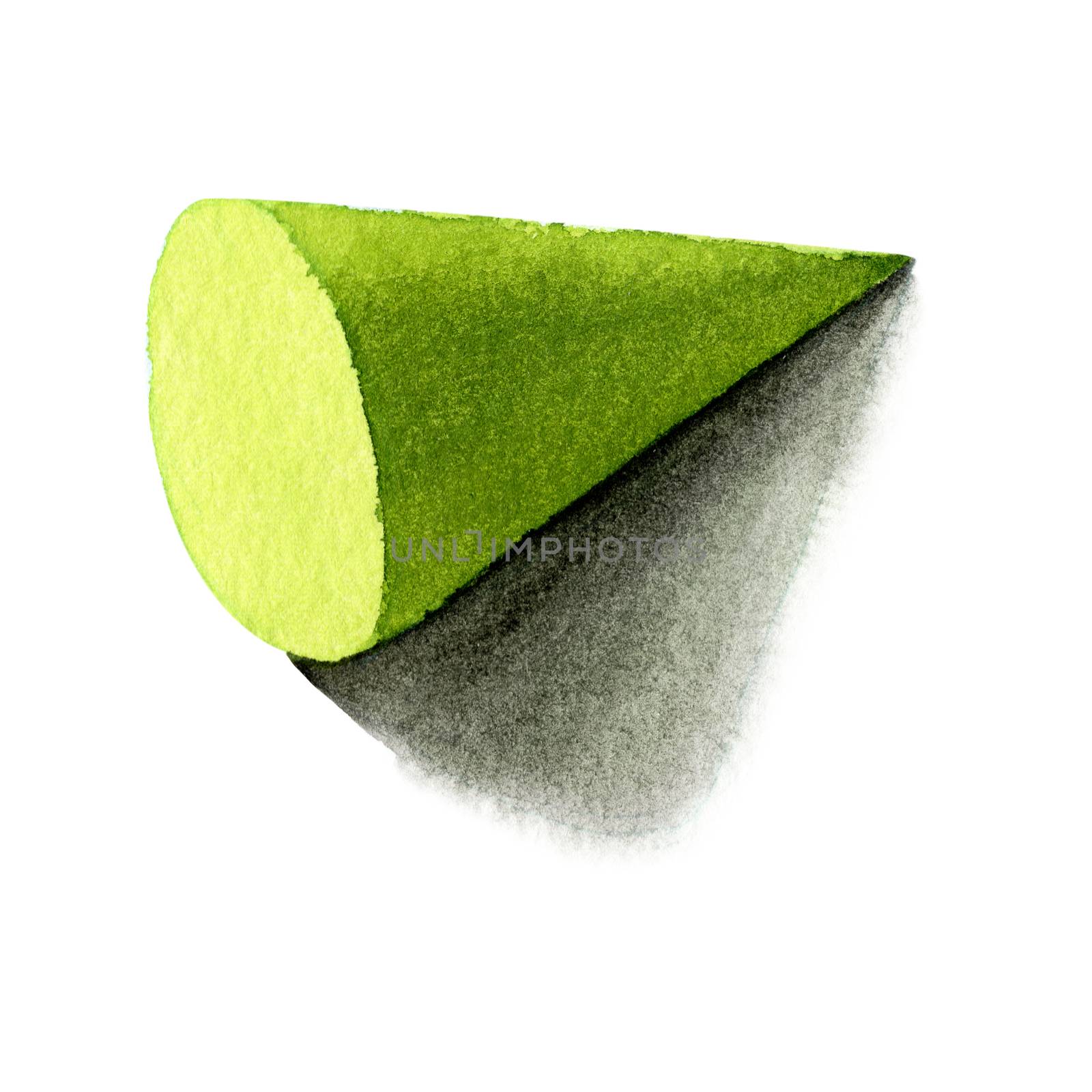 Green cone, basic geometric shapes with dramatic light and shadow in watercolor style. Solids isolated on a white background. Clipping path.