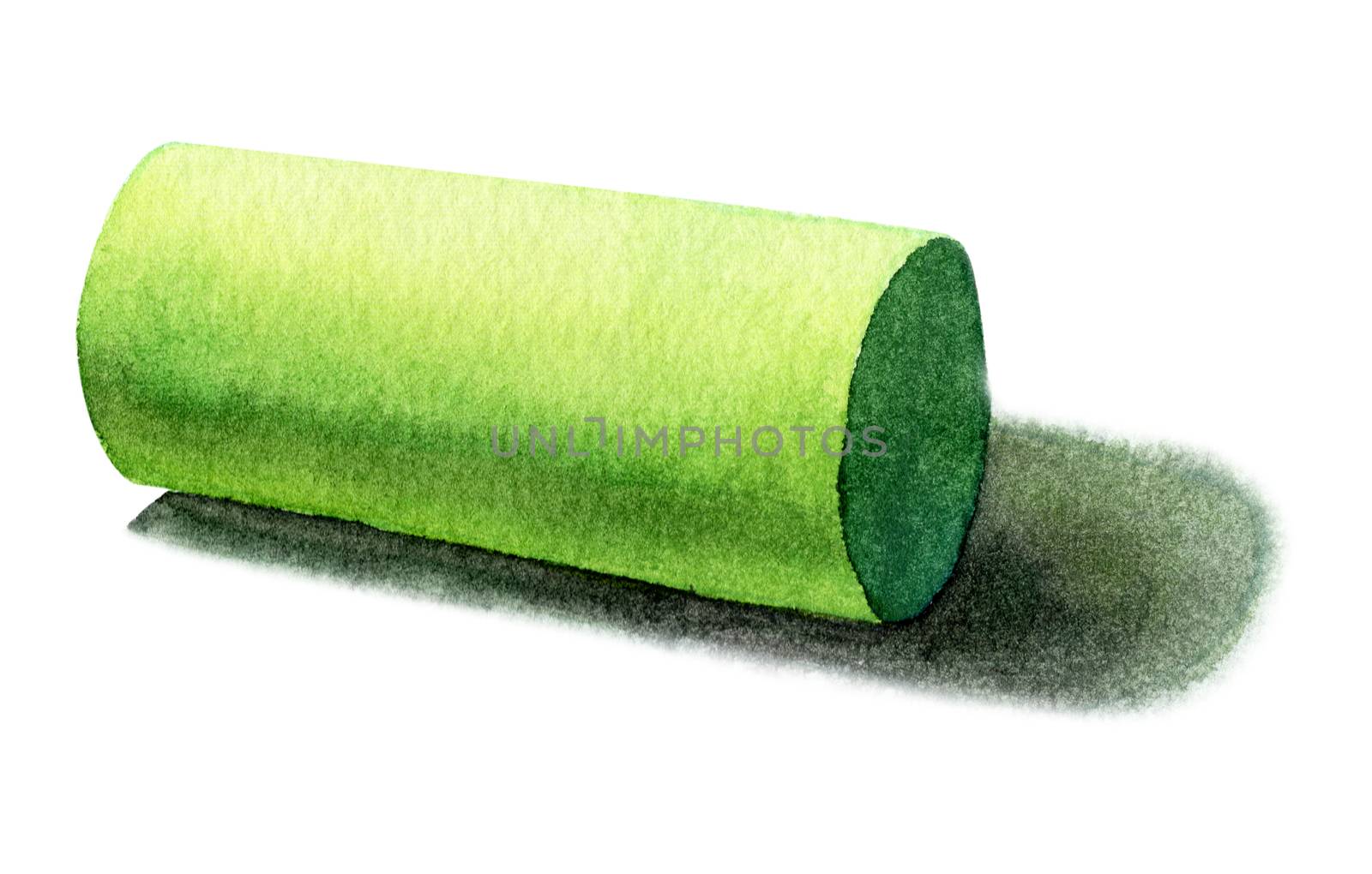 Green cylindrical , basic geometric shapes with dramatic light and shadow in watercolor style. Solids isolated on a white background. Clipping path. by Ungamrung
