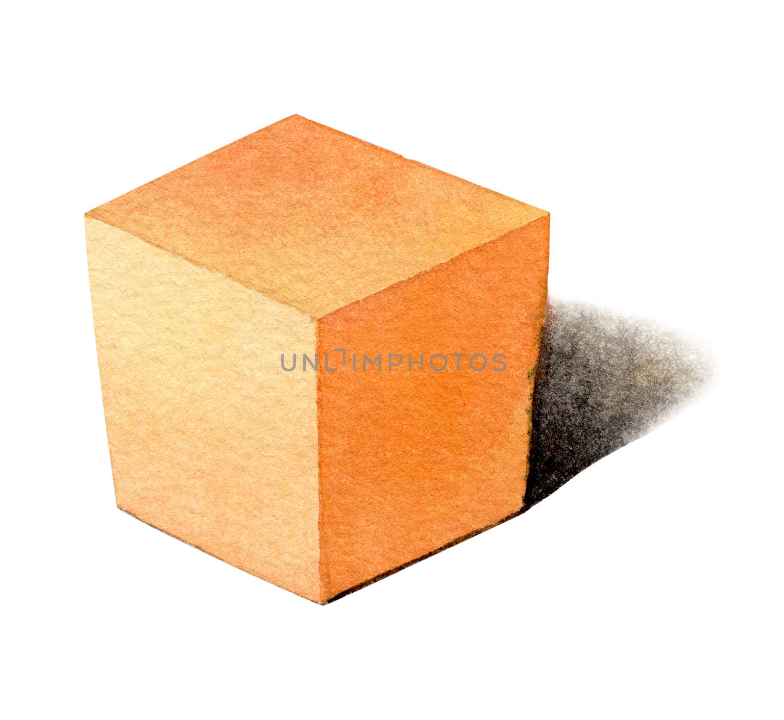 orange cube - light from the left, basic geometric shapes with dramatic light and shadow in watercolor style. Solids isolated on a white background. Clipping path.