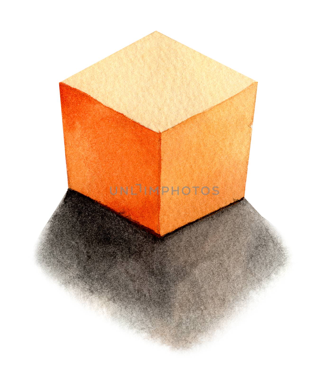 orange cube - light from the left, basic geometric shapes with dramatic light and shadow in watercolor style. Solids isolated on a white background. Clipping path. by Ungamrung