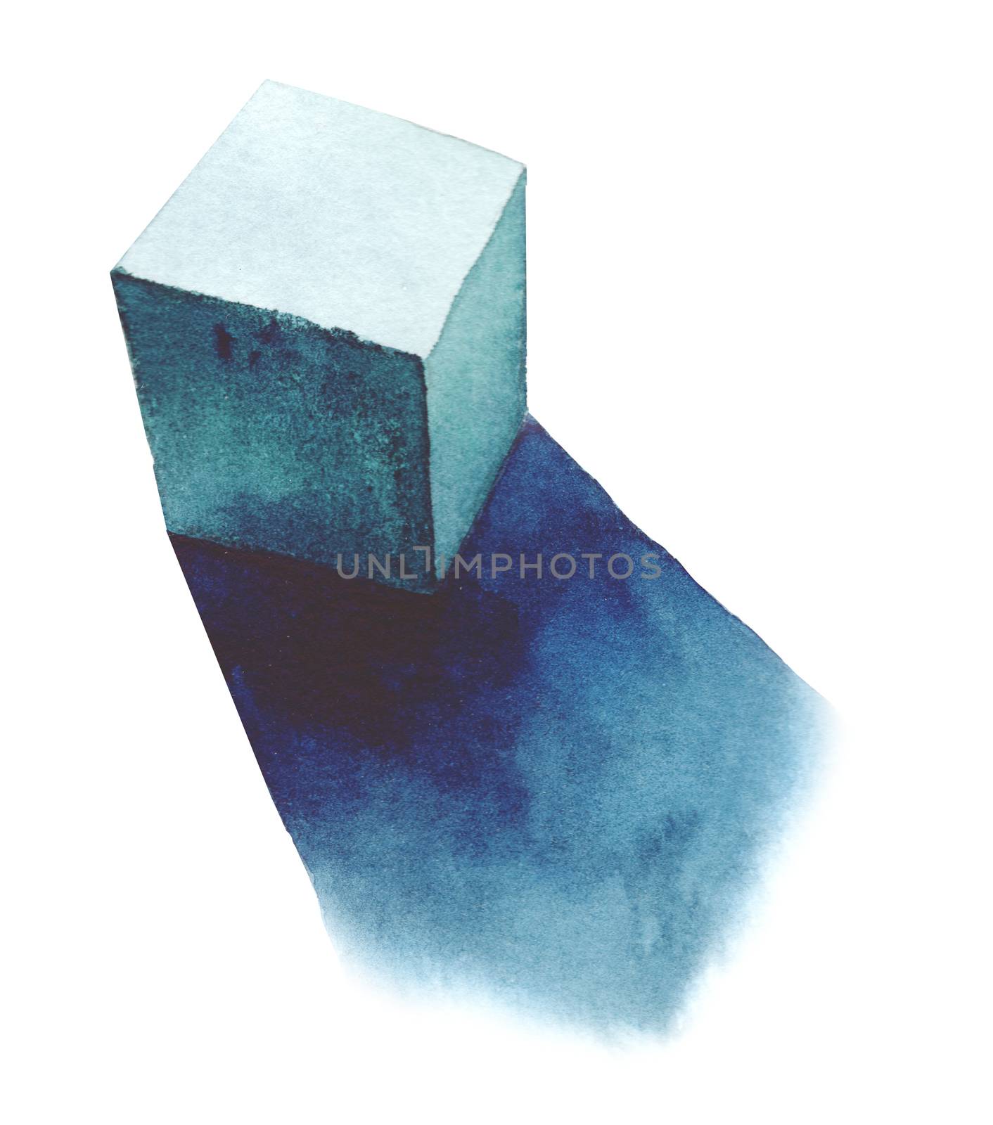 Cube, basic geometric shapes with dramatic light and shadow in watercolor style. Solids isolated on a white background. Clipping path. by Ungamrung