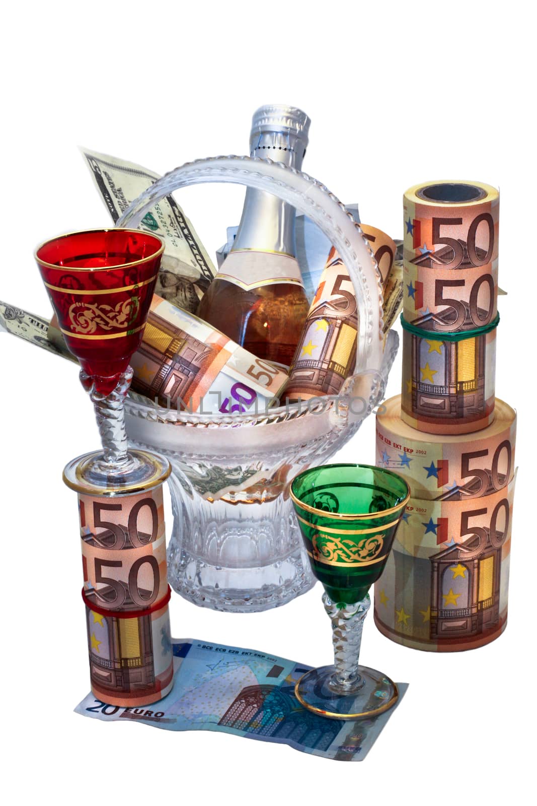 money of different denominations, a bottle of wine and two glass by client111