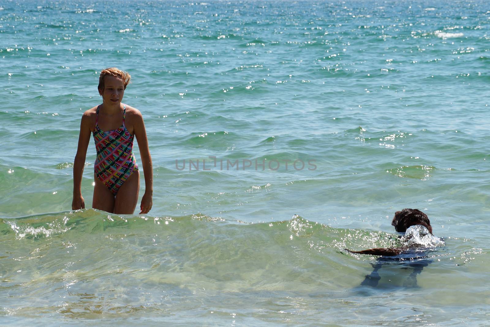 girl with dog swimming in the sea by Annado