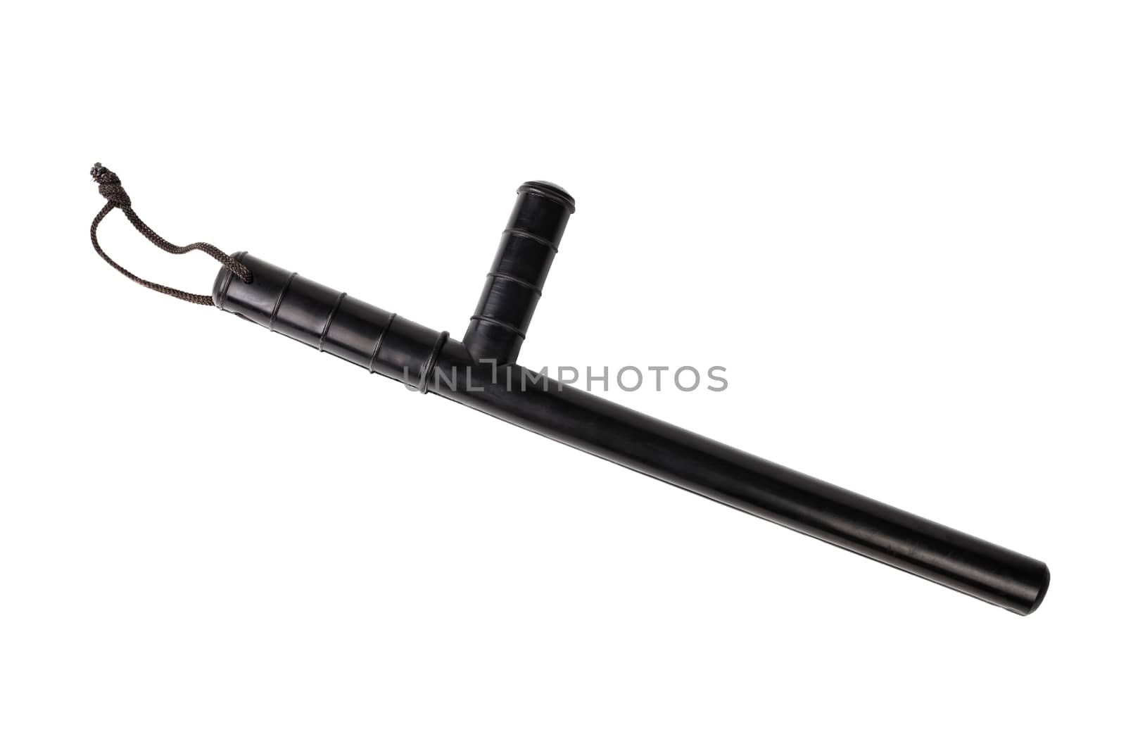 Black classic rubber police baton with lanyard isolated on white background. Flat lay top-down view. Shadowless.