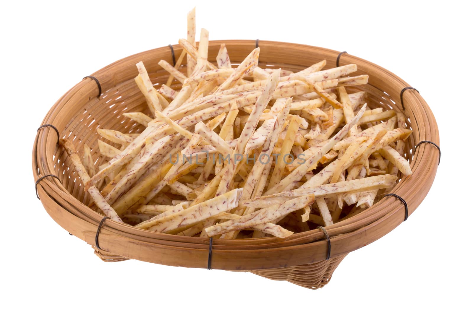 fried Taro slices Dip into the caramel In the basket isolated on white background.