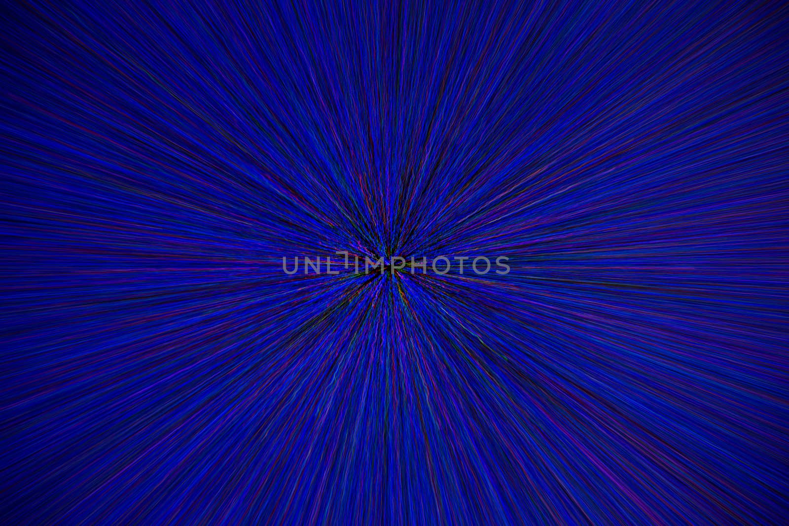 natural lens zoom explosion radial blurred red green blue dots on black background.