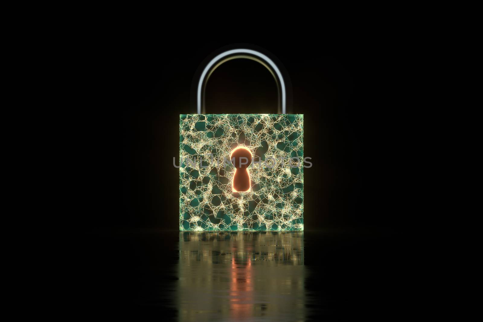 Security lock with glowing sketch lines, 3d rendering. Computer digital drawing.